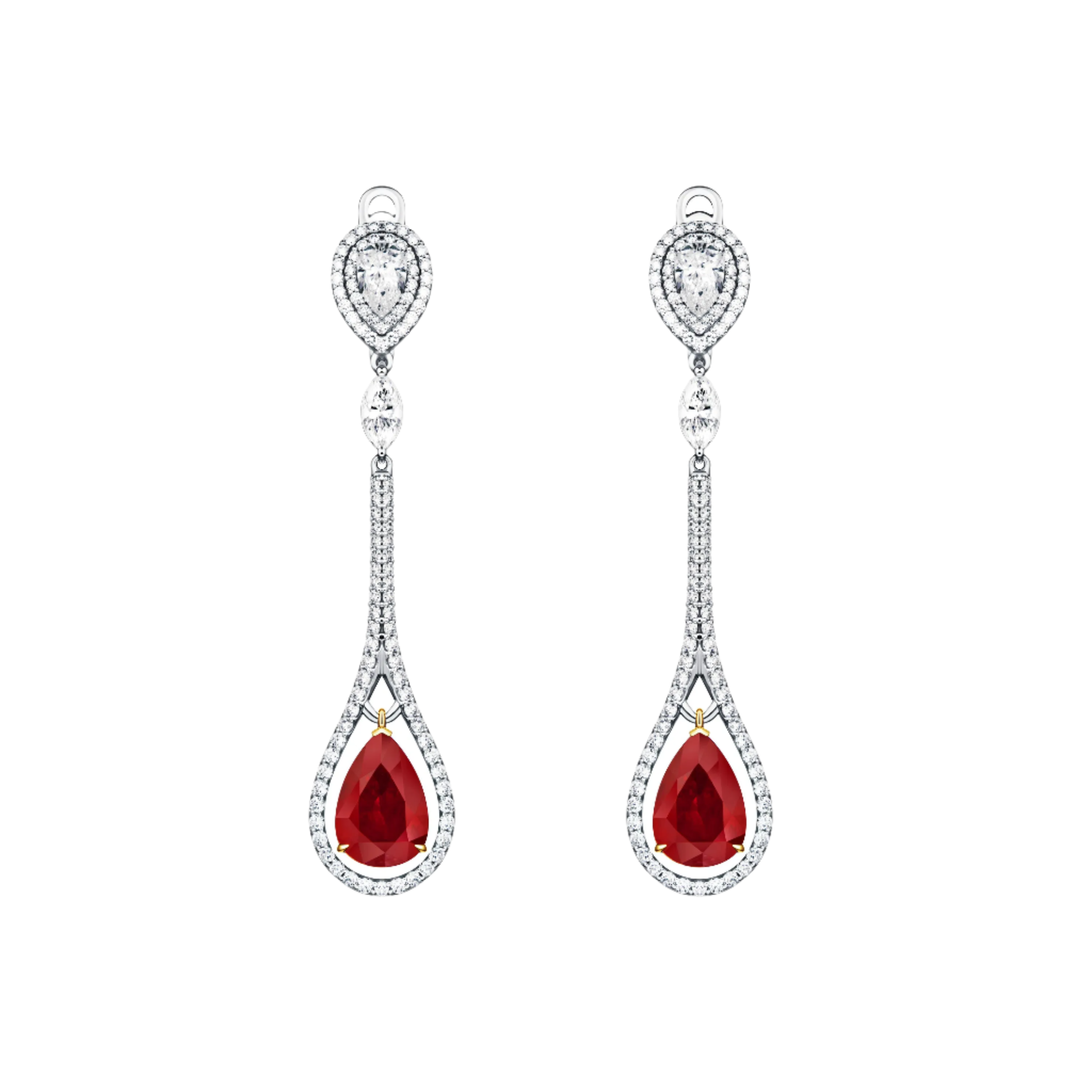 18k Solid White Gold Blood Ruby and Diamond Drop Earrings 5.80 CTW
