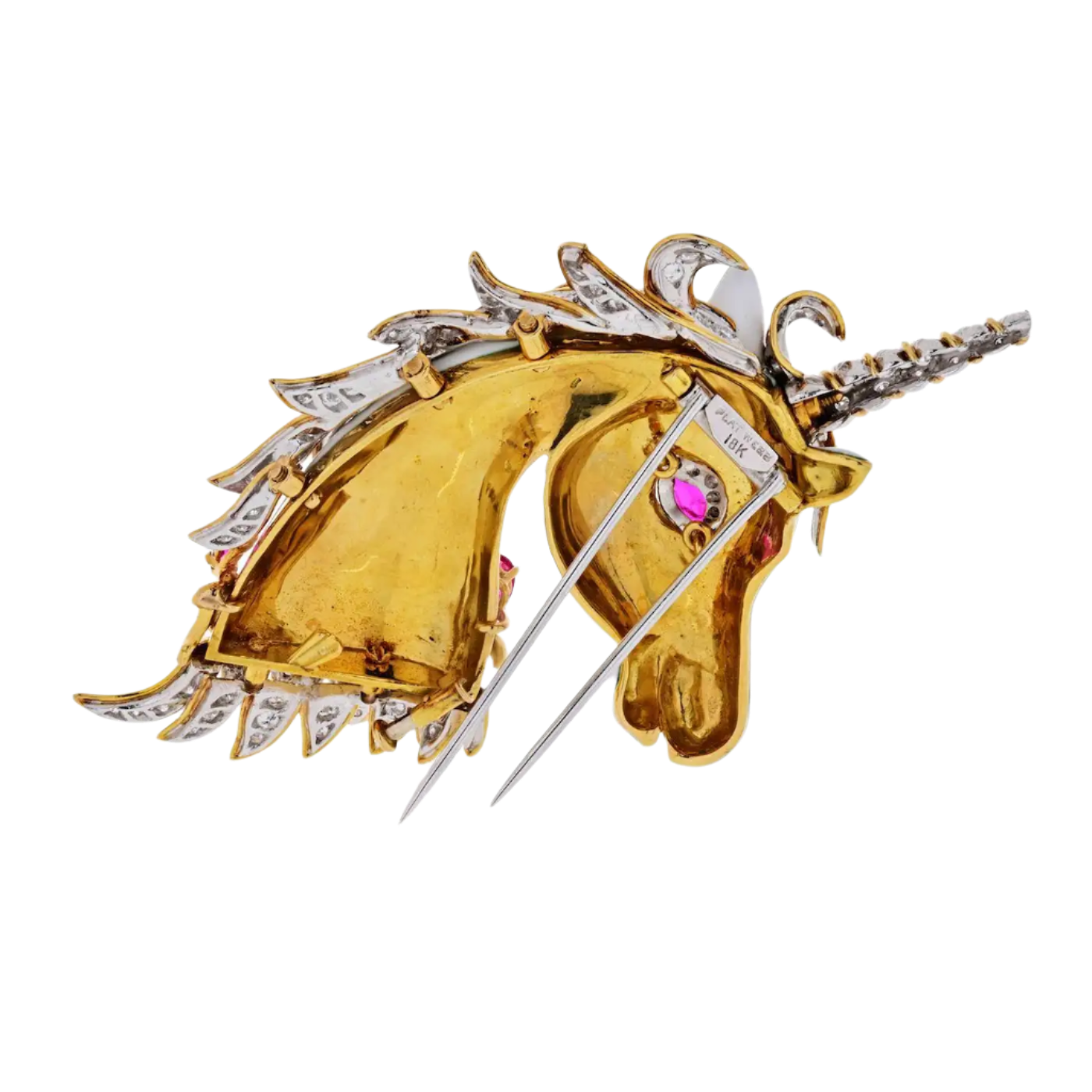 White Unicorn 18k Solid Yellow Gold Enamel, Diamonds, Rubies Horse Brooch