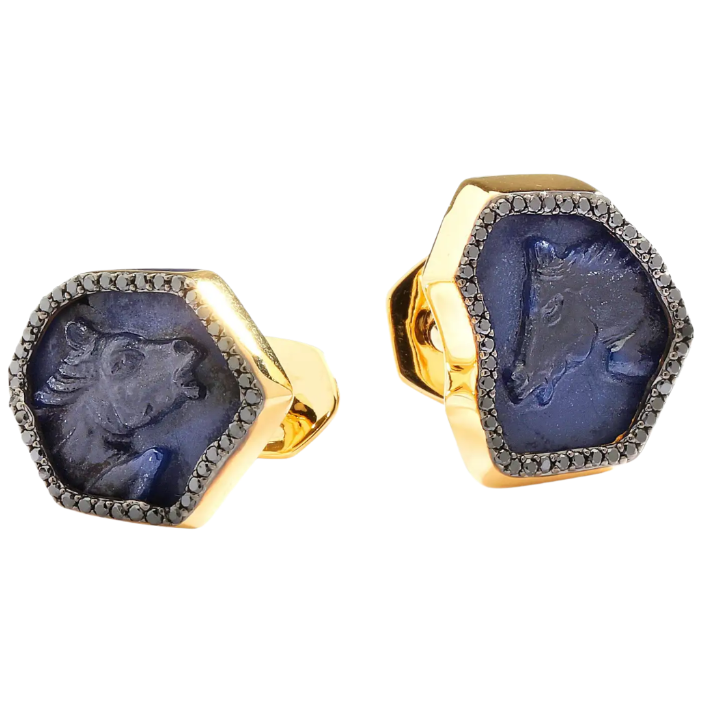 Hand Carved Blue Sapphire Horse 18k Solid Yellow Gold Cufflinks with Black Diamonds