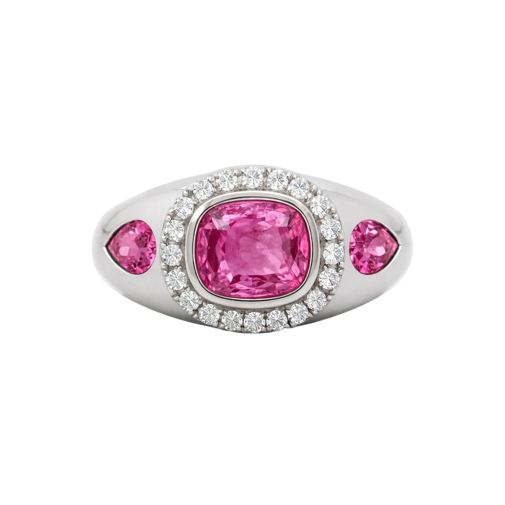 18k Solid White Gold Neon Pink Tourmaline & Diamond Cocktail Ring 4.67 CTW