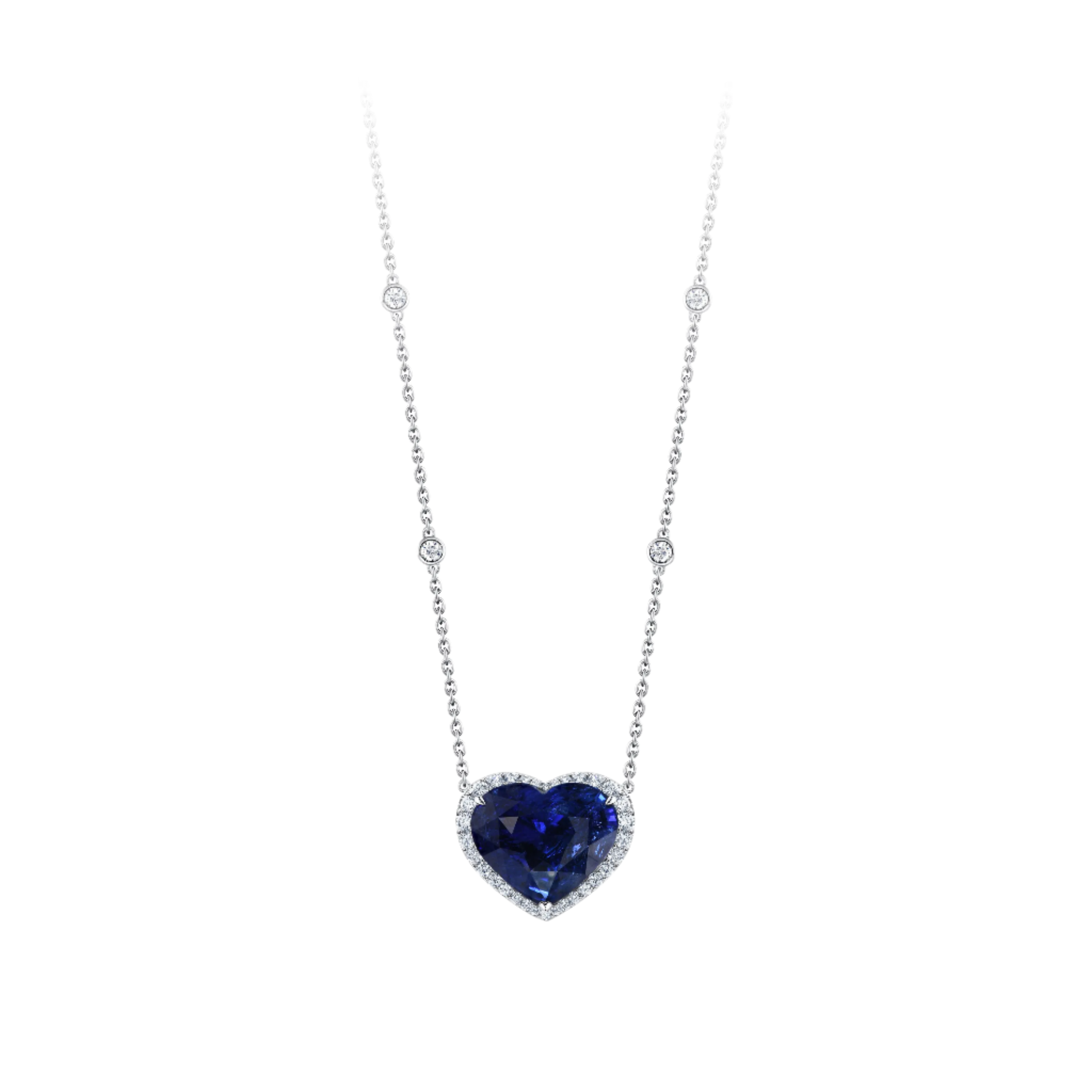 18k Solid White Gold Heart-Shaped Sapphire and Diamond Pendant 4.65 CTW