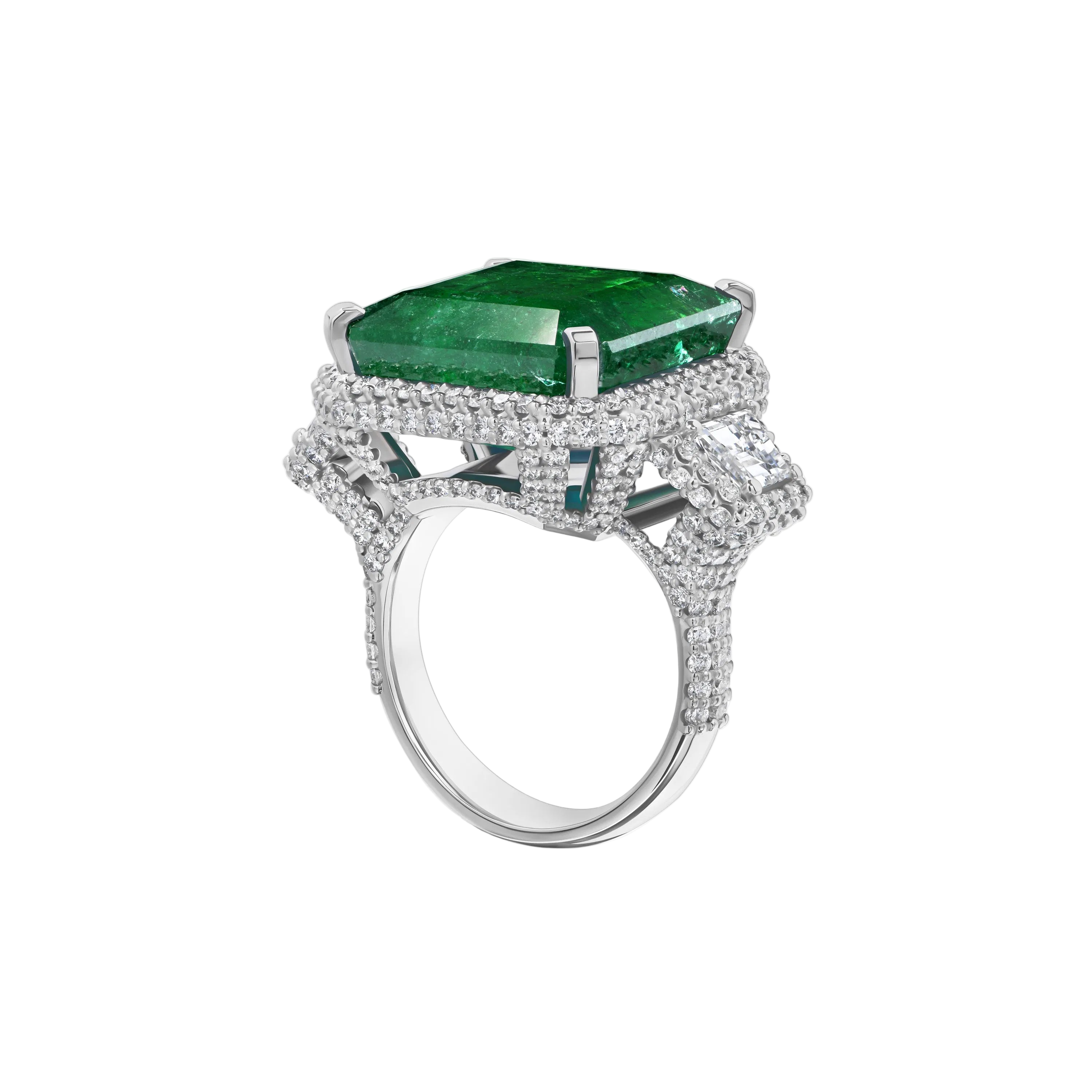 18k Solid White Gold Exquisite Zambian Emerald and Diamond Cocktail Ring 12.55 CTW
