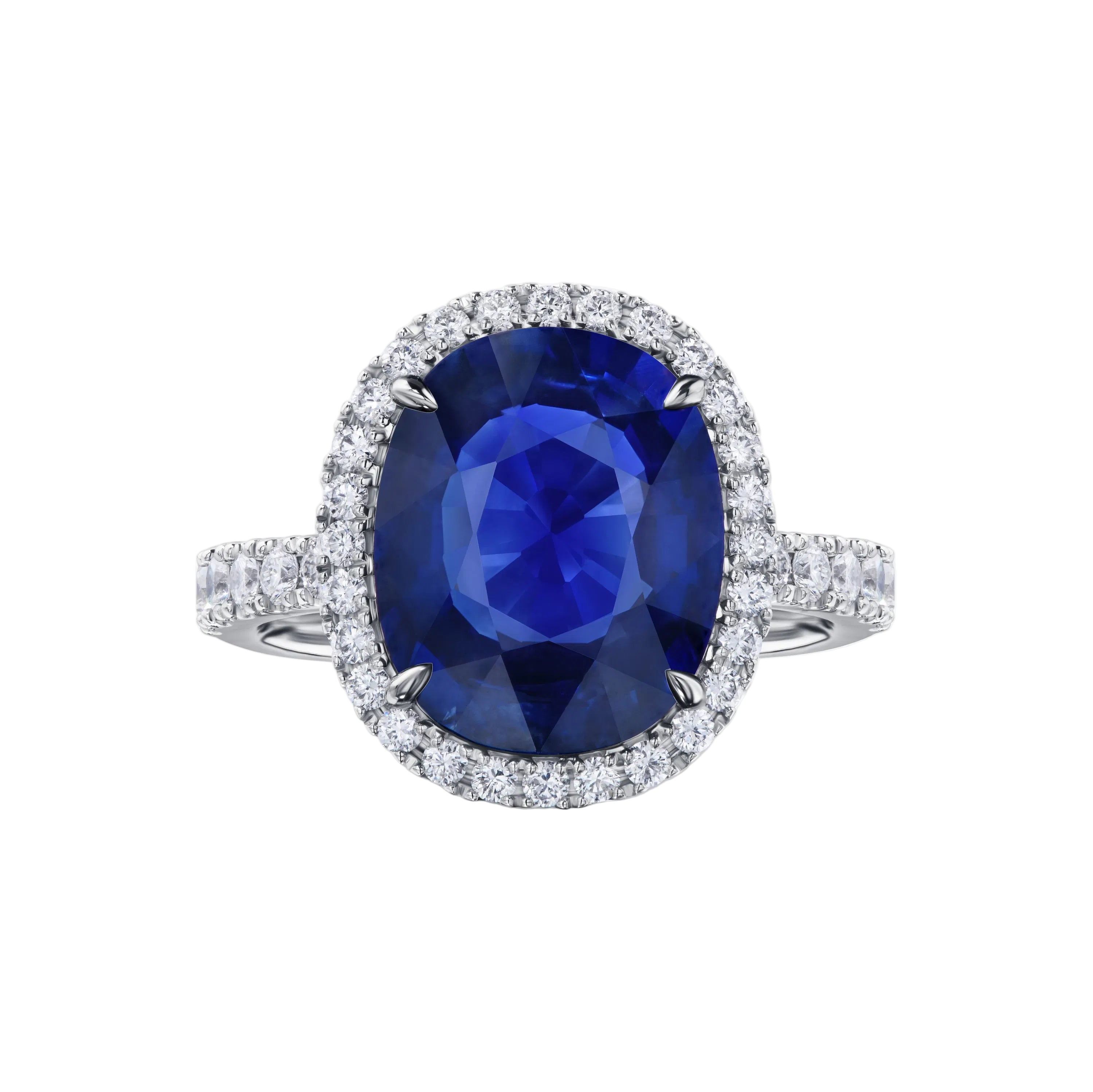 18k Solid White Gold Royal Blue Sapphire and Diamond Halo Cocktail Ring 5.11 CTW