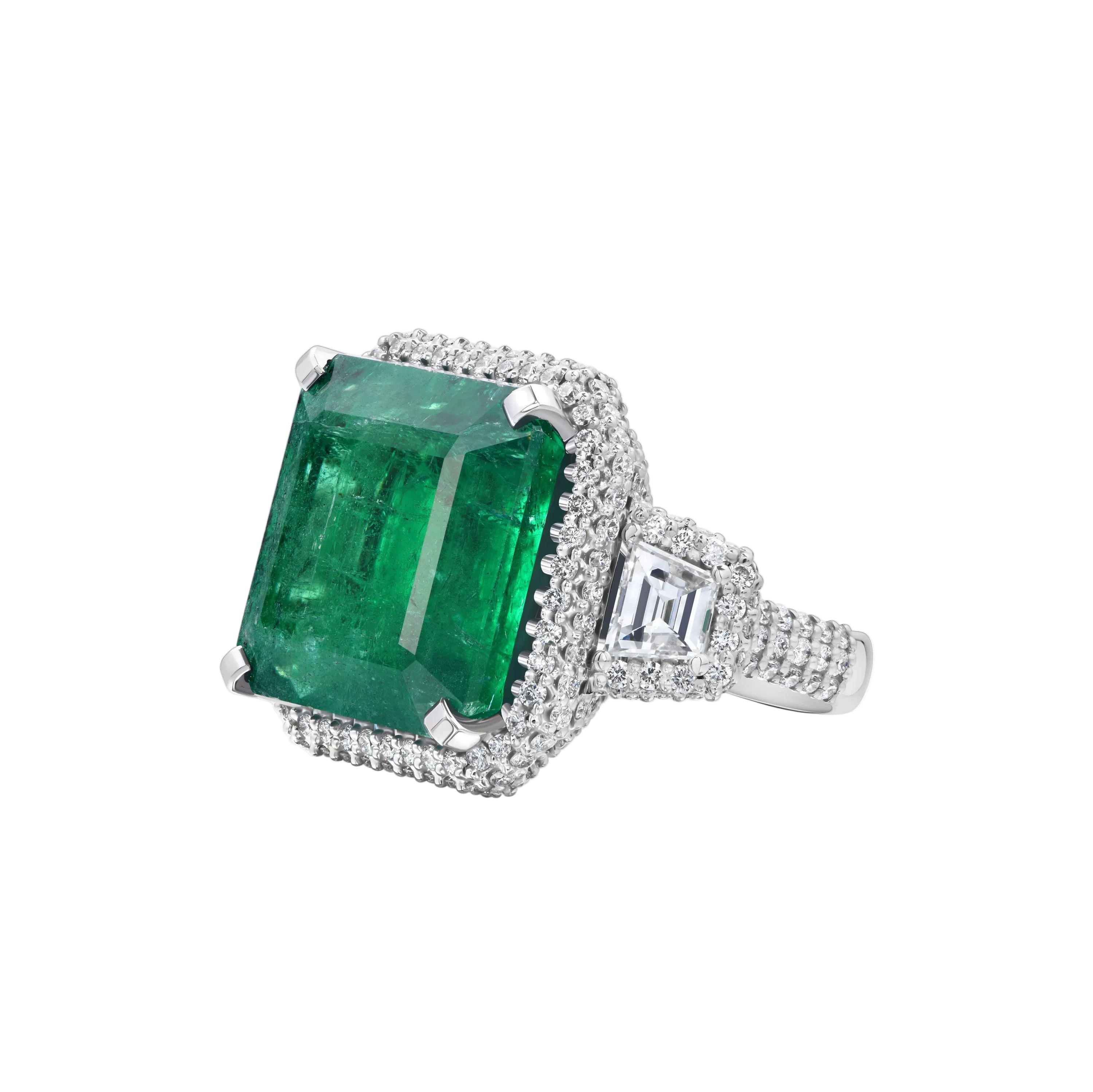 18k Solid White Gold Exquisite Zambian Emerald and Diamond Cocktail Ring 12.55 CTW