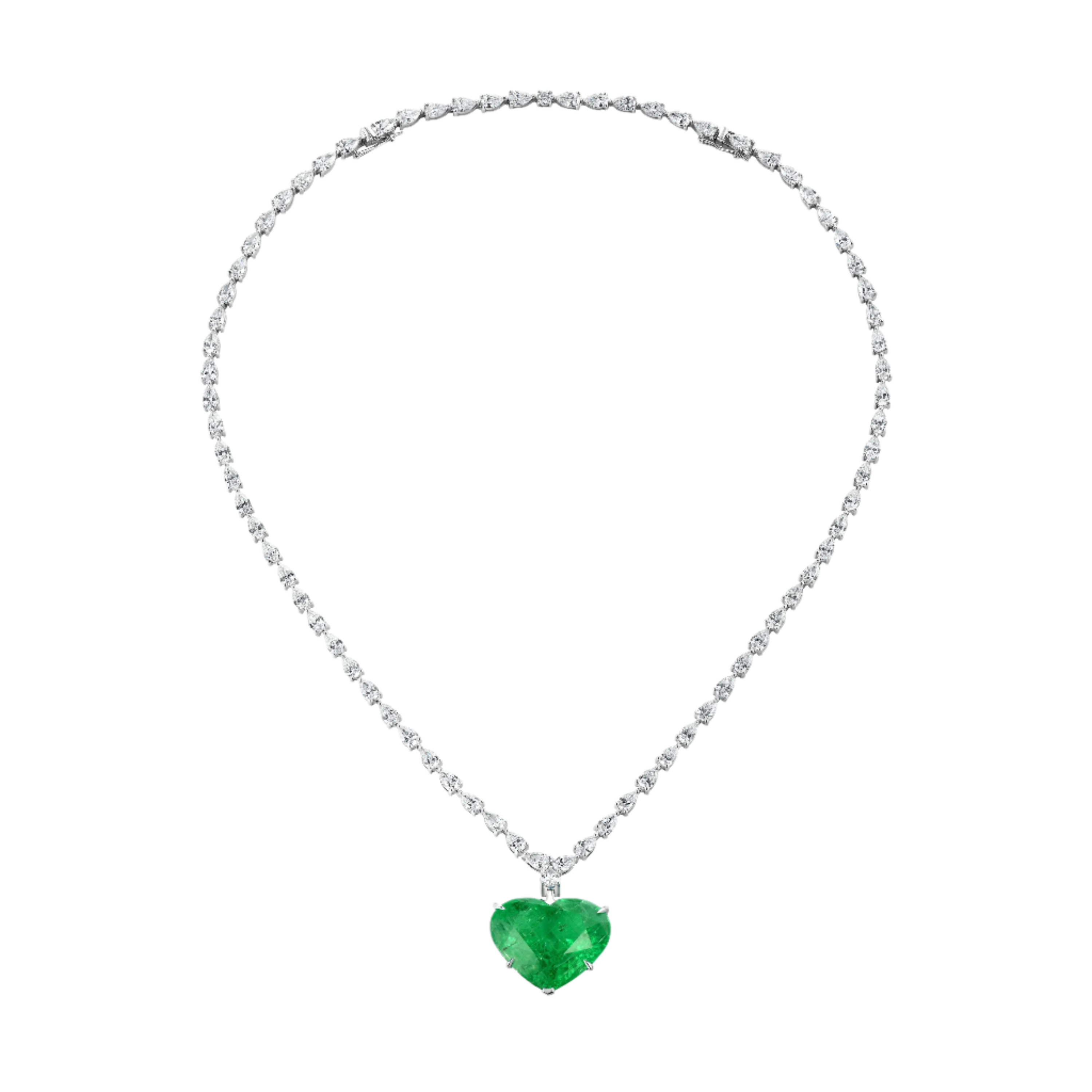 18k Solid White Gold Exclusive Heart-Shaped Colombian Emerald and Diamond Pendant 17.97 CTW