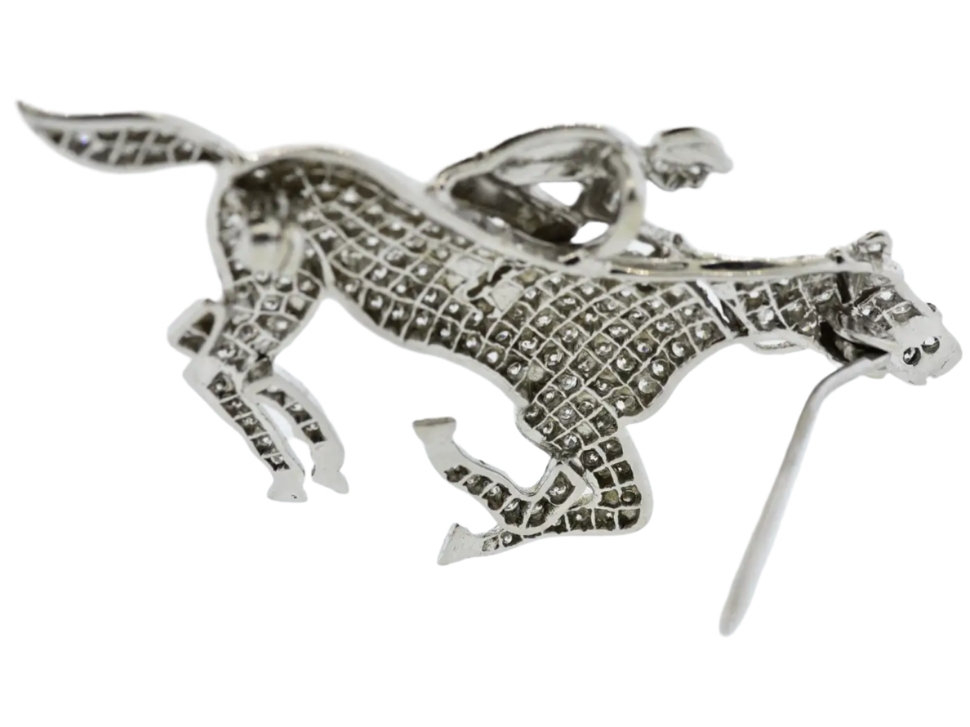18K Solid White Gold Diamond Pave and Enamel Jockey and Horse Pendant/Brooch