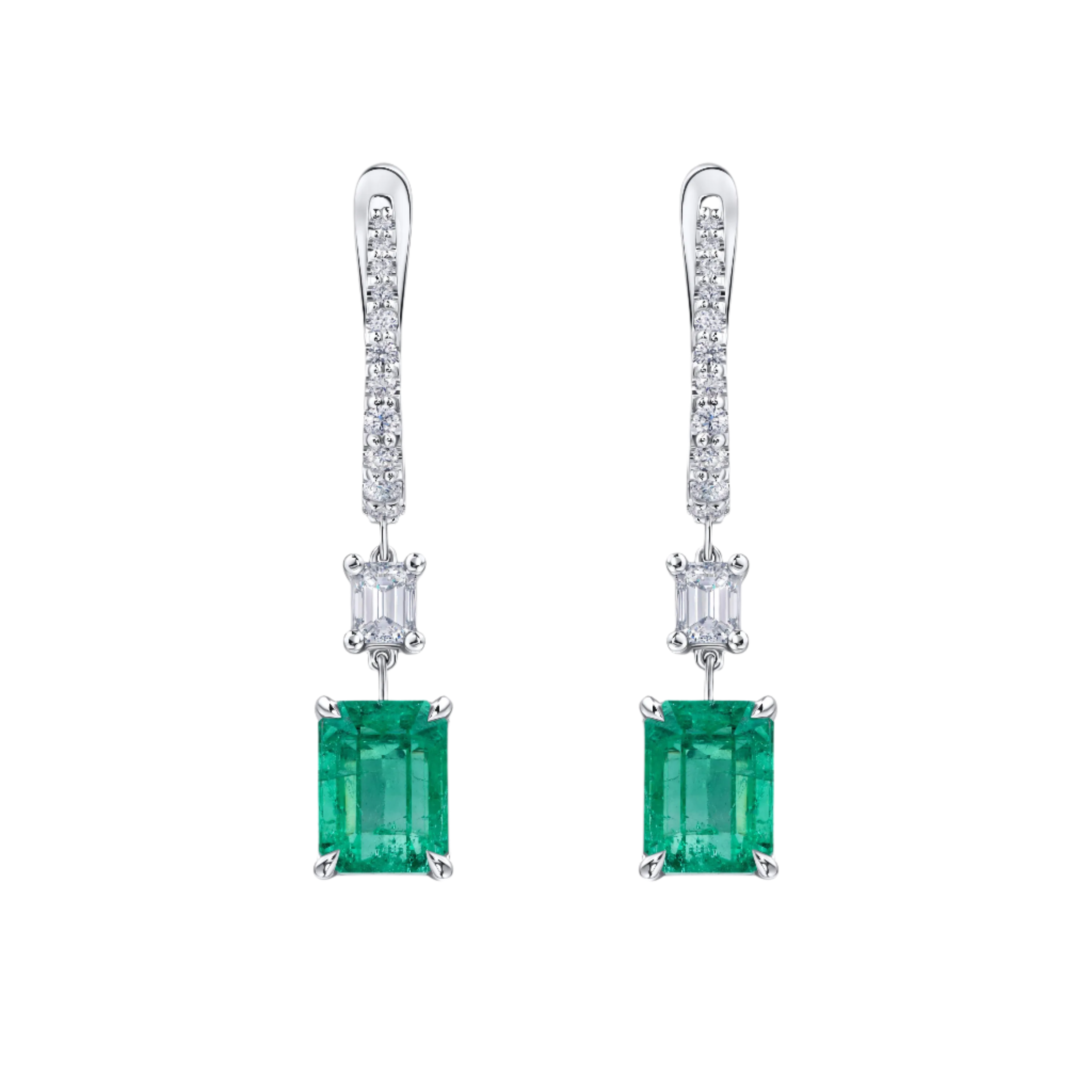 18k Solid White Gold Colombian Emerald and Diamond Estate Earrings 5.25 CTW