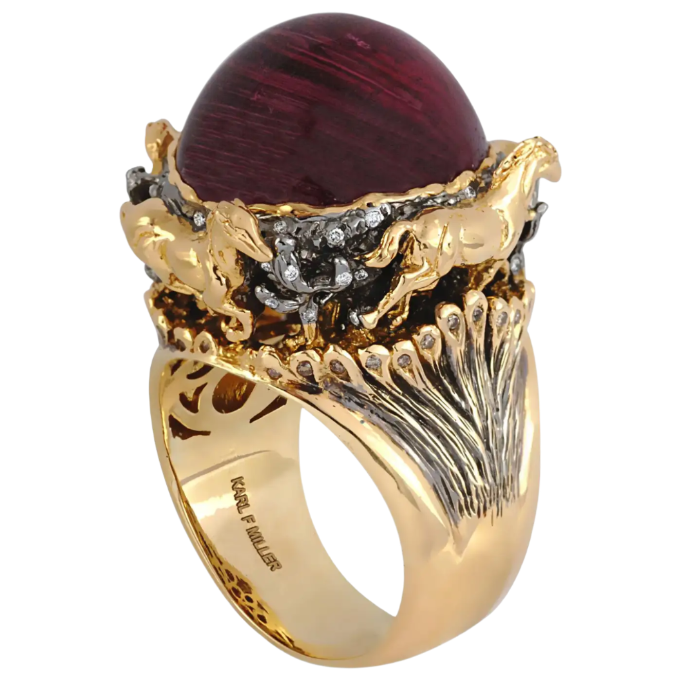 Rubellite Cat's Eye, Brown Diamond with Diamond Horse Ring in 18K Solid Gold
