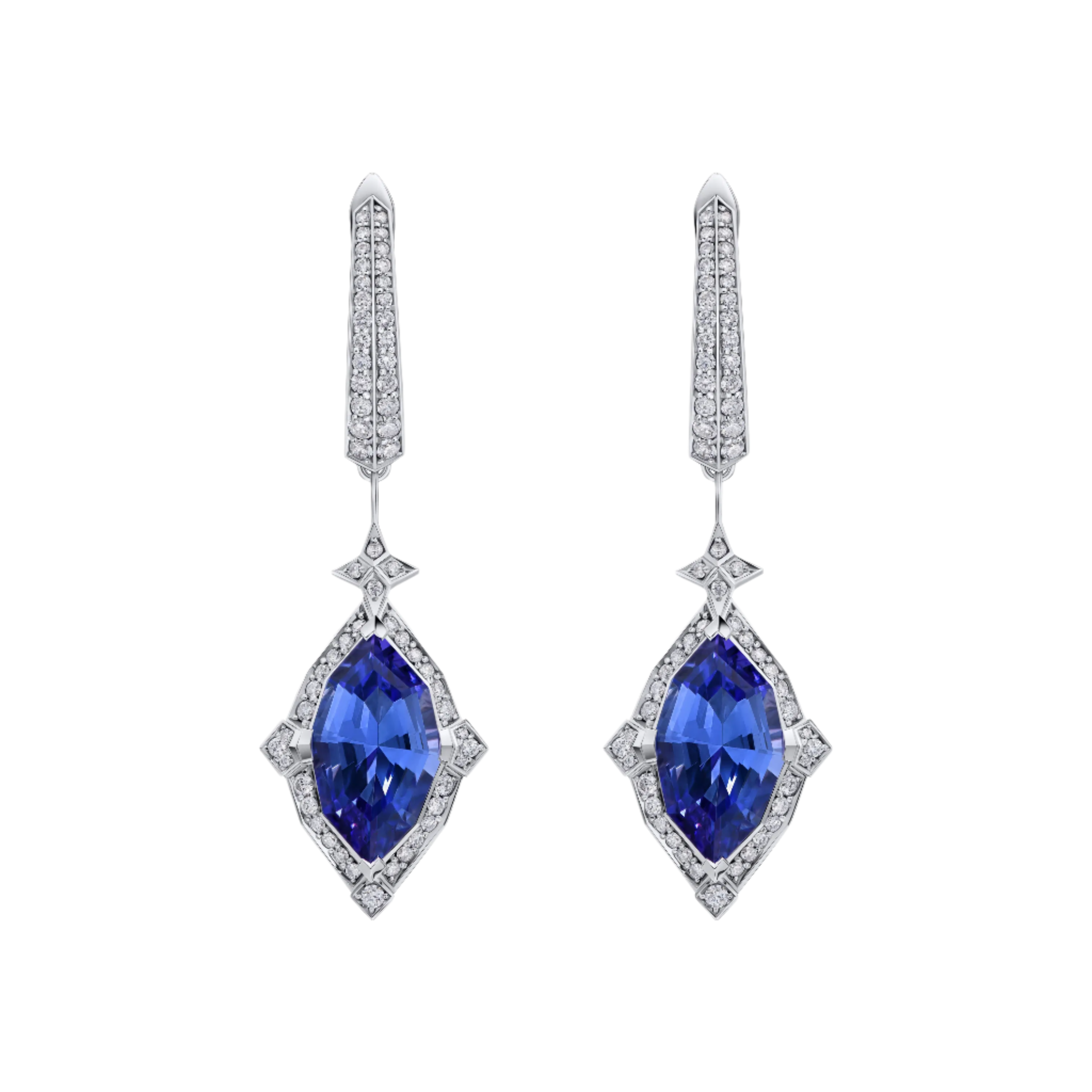 18k Solid White Gold Deep Violet Tanzanite and Diamond Drop Earrings 6.75 CTW