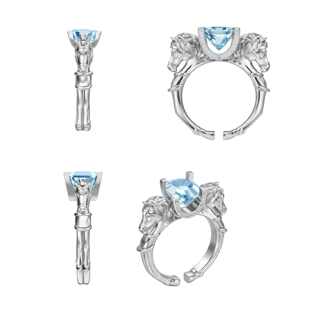 18k Solid White Gold Equestrian Ring with Santa Maria Aquamarine 3.77 CTW