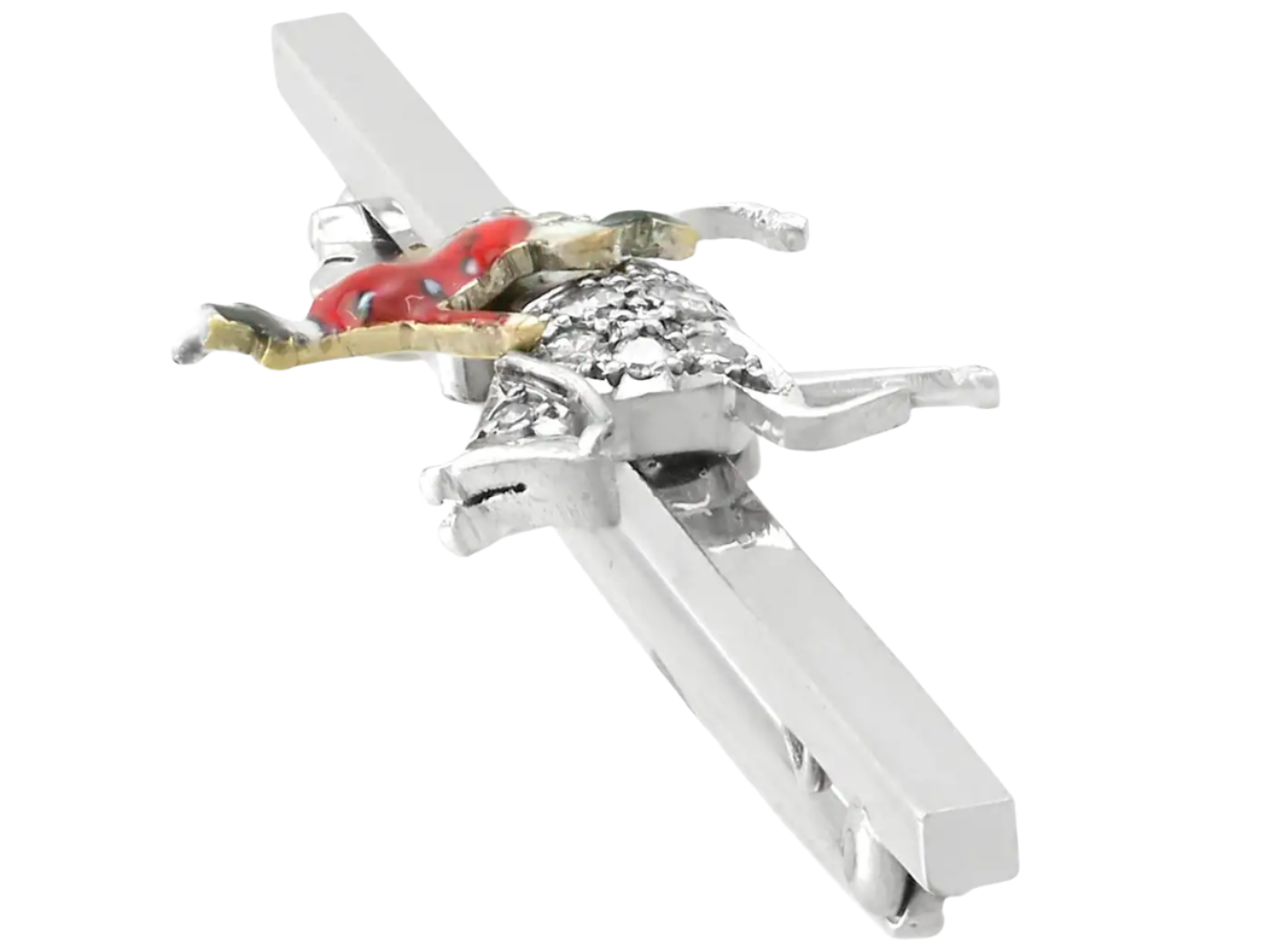 1890s Victorian Diamond and Enamel, Platinum and 18k White Gold Hunting Bar Brooch