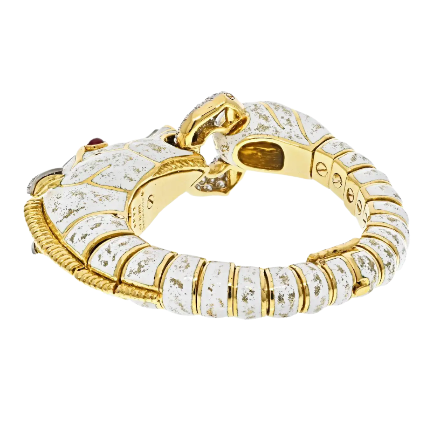 Platinum and 18k Solid Yellow Gold Dappled White Enamel Diamond Horse Bracelet