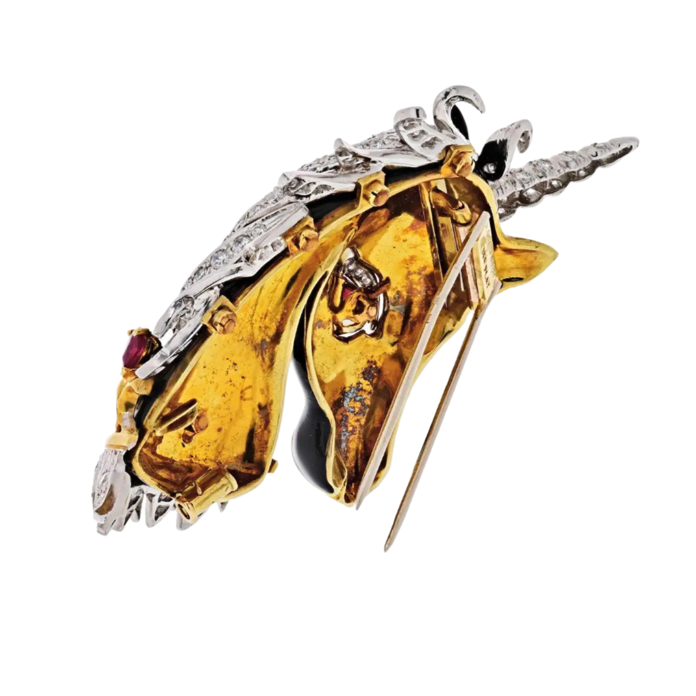 18k Solid Gold Black Enamel Unicorn, Ruby and Diamonds Vintage Brooch