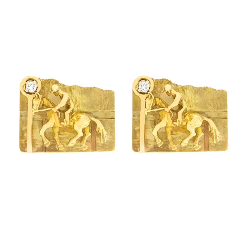18k Solid Yellow Gold Vintage 0.20ct Diamond Horse and Jockey Cufflinks, c.1973