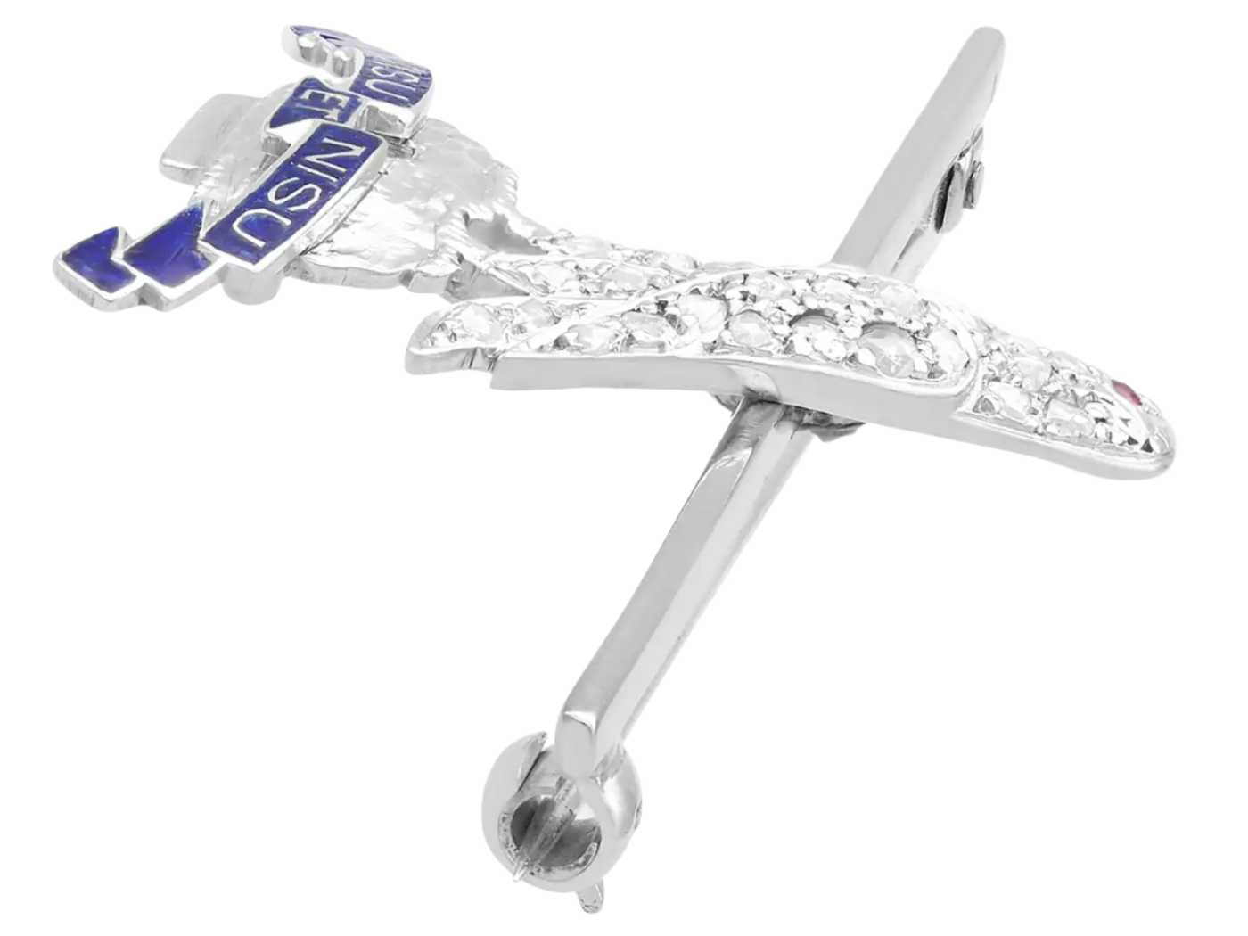 Antique 1930s Diamond and Ruby 18k Solid White Gold Regimental Brooch