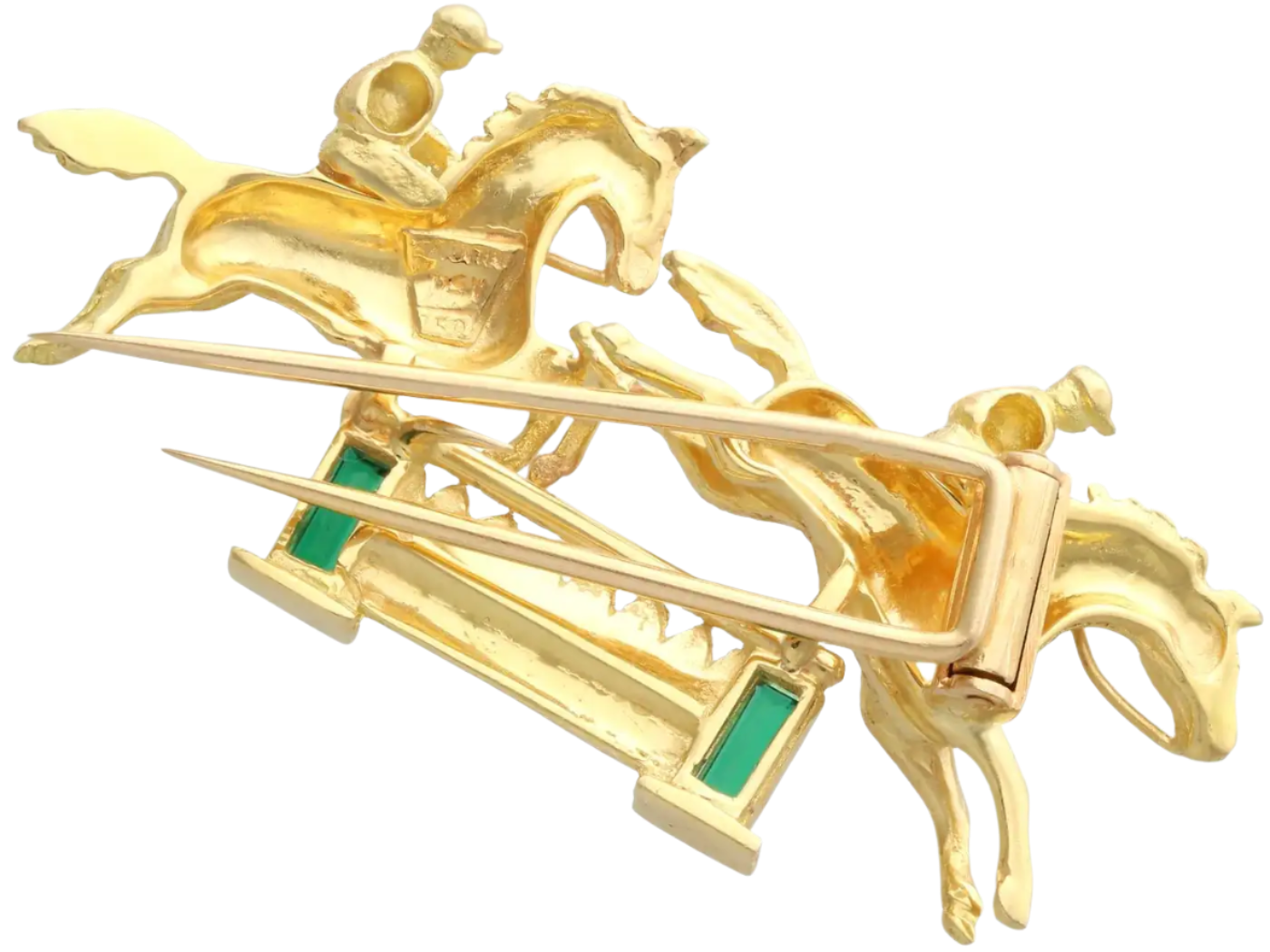 Green Tourmaline and 18k Solid Yellow Gold Double Horse and Jockey Brooch