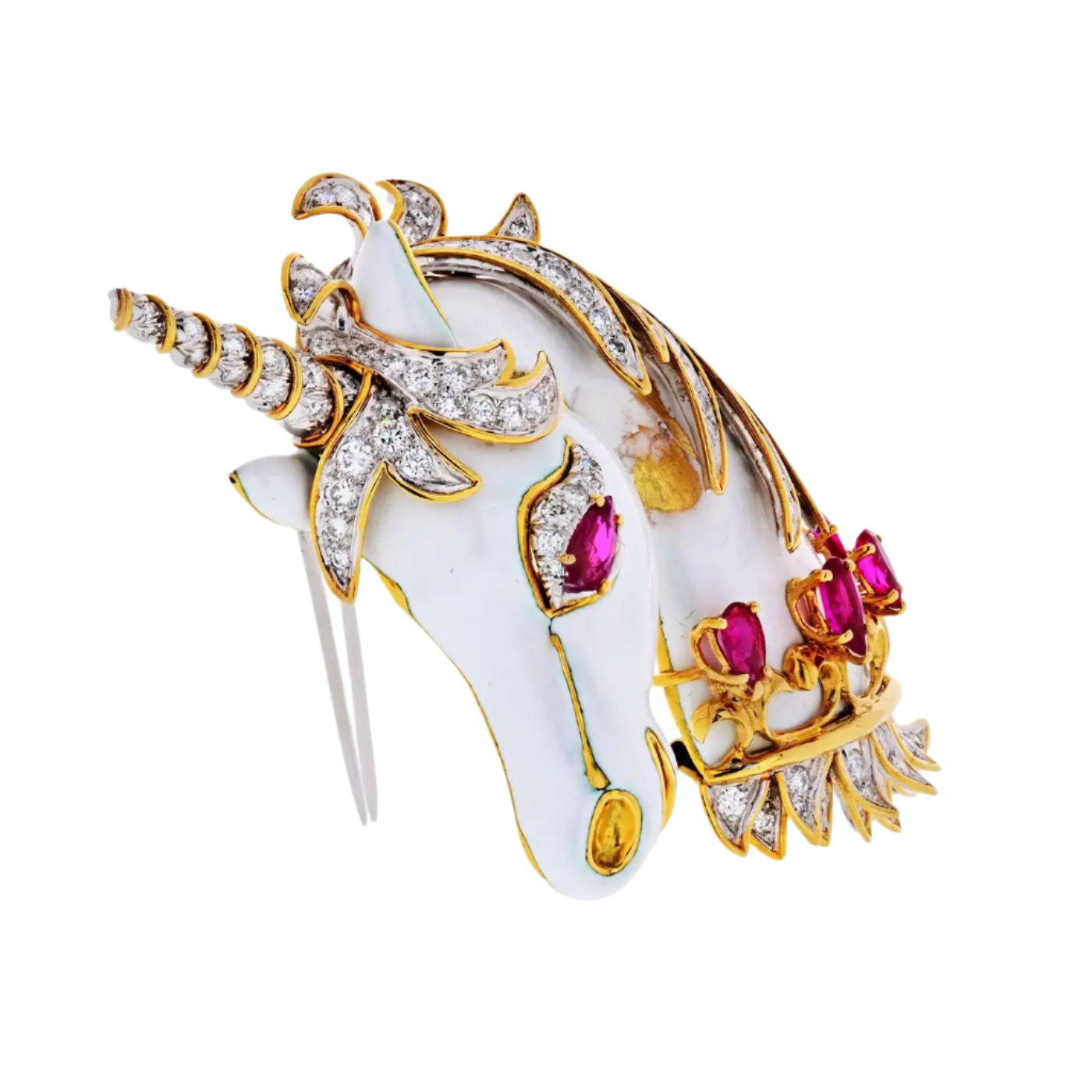 White Unicorn 18k Solid Yellow Gold Enamel, Diamonds, Rubies Horse Brooch