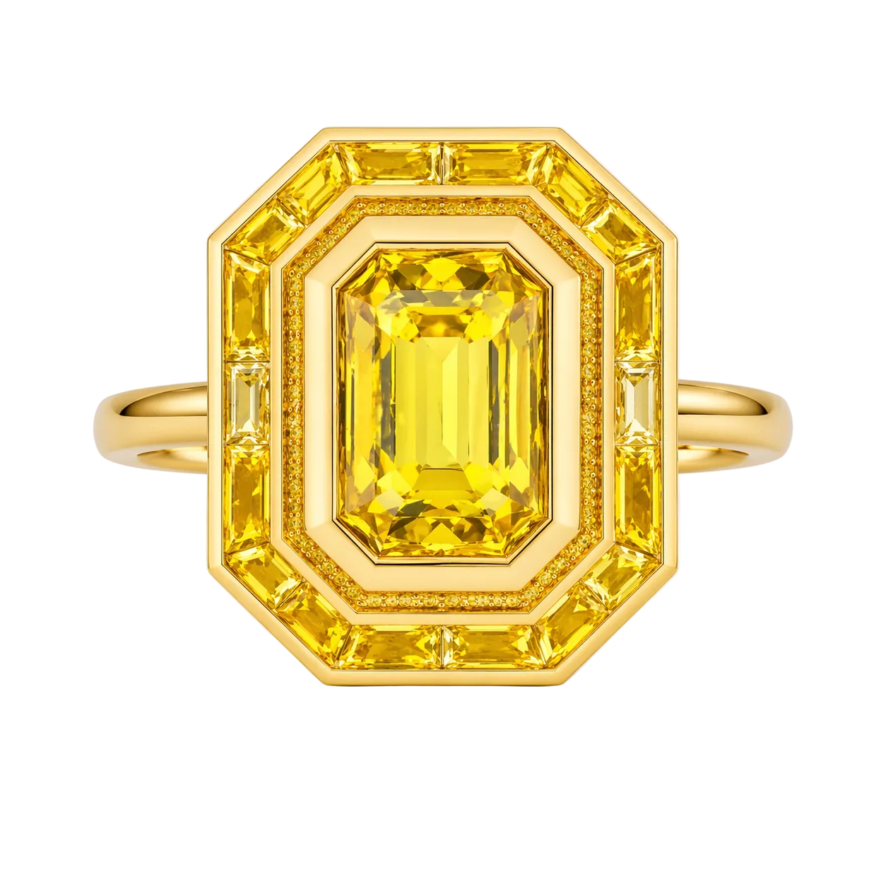 18k Solid Yellow Gold Yellow Sapphire Cocktail Ring with Baguette Sides 7.15 CTW