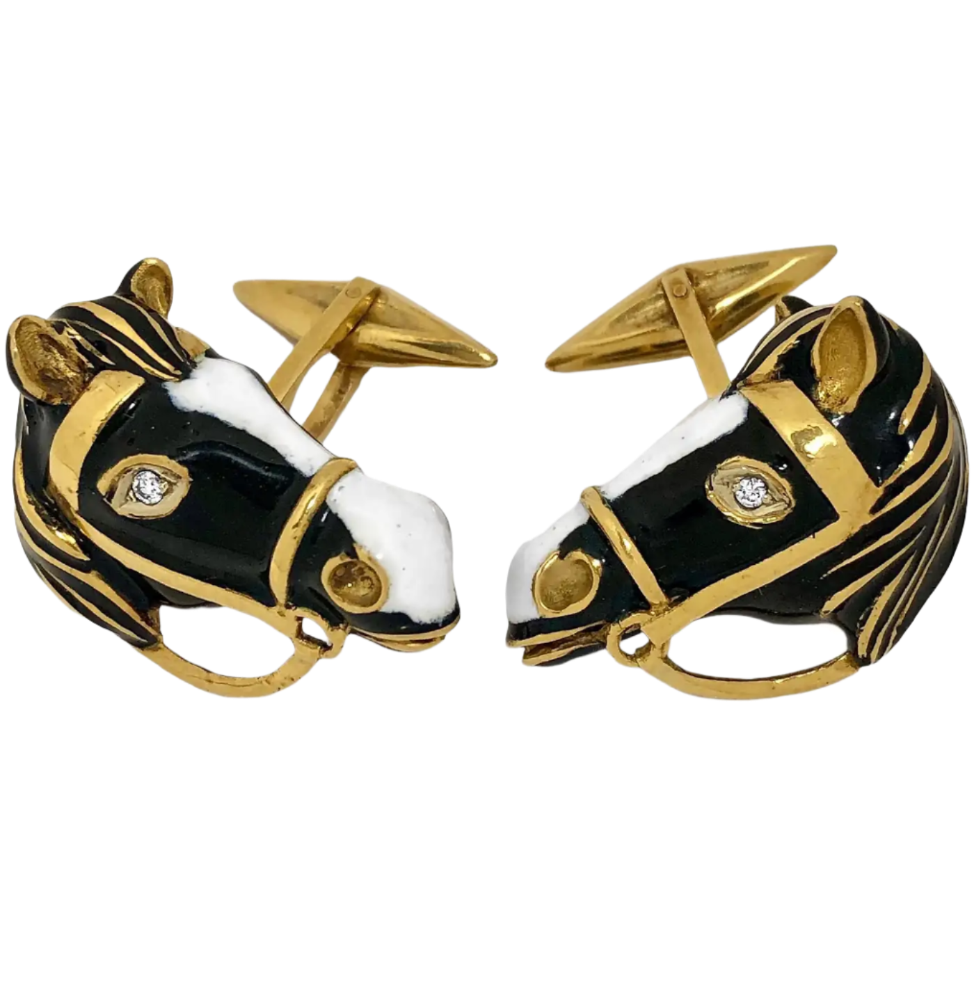 18K Solid Yellow Gold Enamel Horse Head Cufflinks with Diamond Eyes