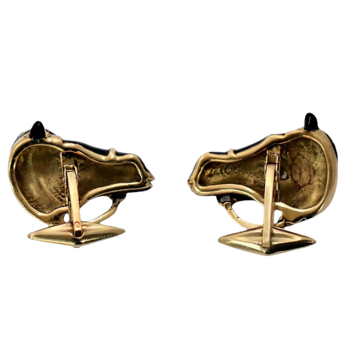 18K Solid Yellow Gold Enamel Horse Head Cufflinks with Diamond Eyes