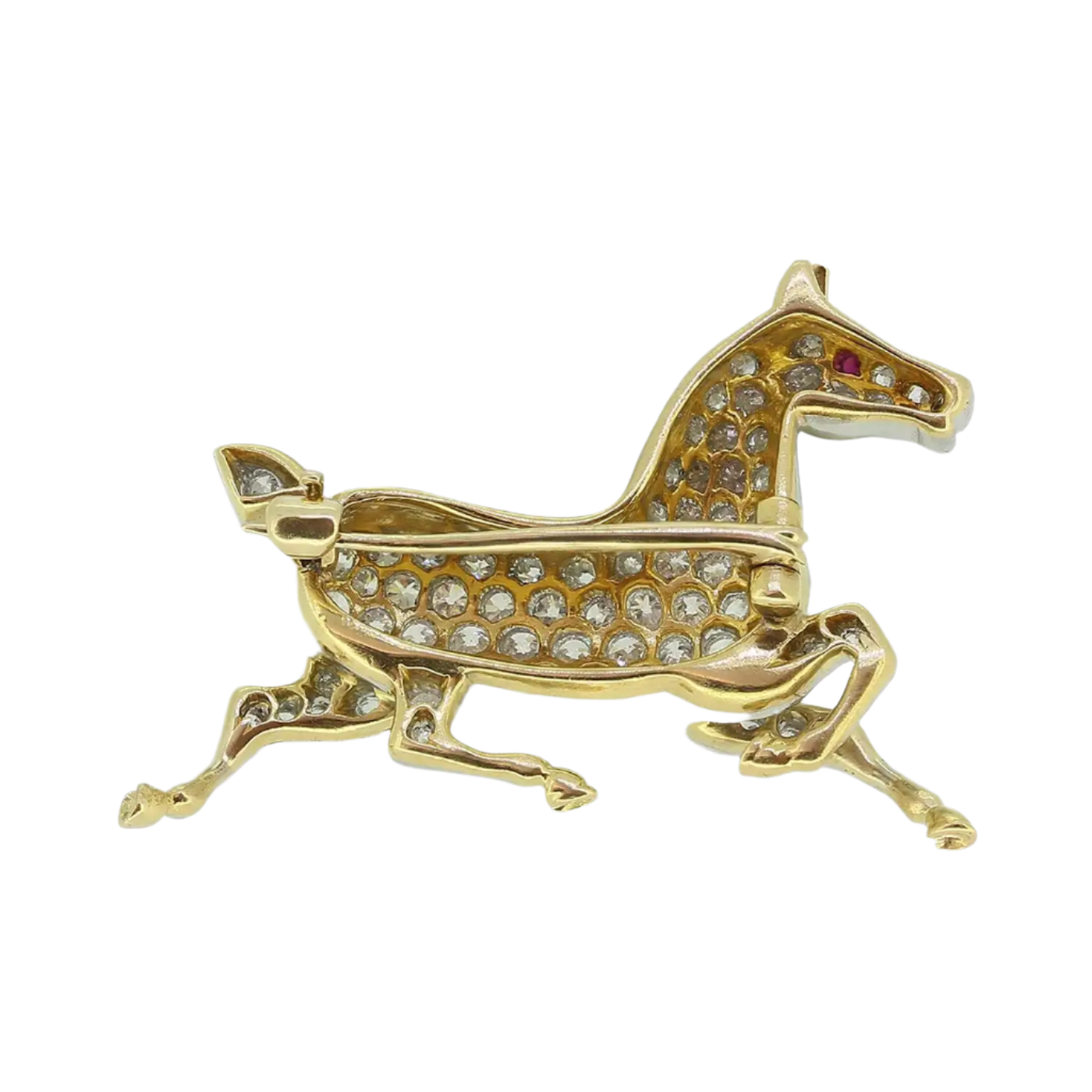 18K Solid White Gold Antique Diamond Horse Brooch 2.90 CTW