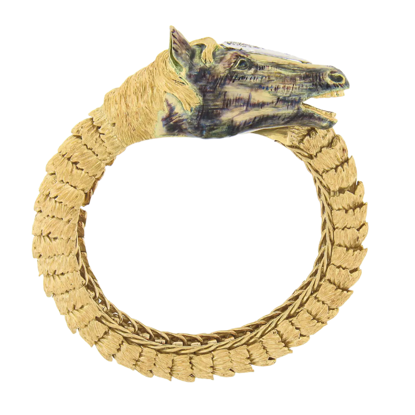 Vintage 18k Yellow Gold Super Fine Textured & Detailed Enamel 3D Horse Head Diam