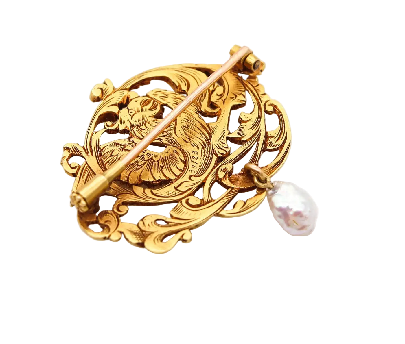 1890 French Art Nouveau Griffin Brooch in 18kt Solid Yellow Gold with Pearl