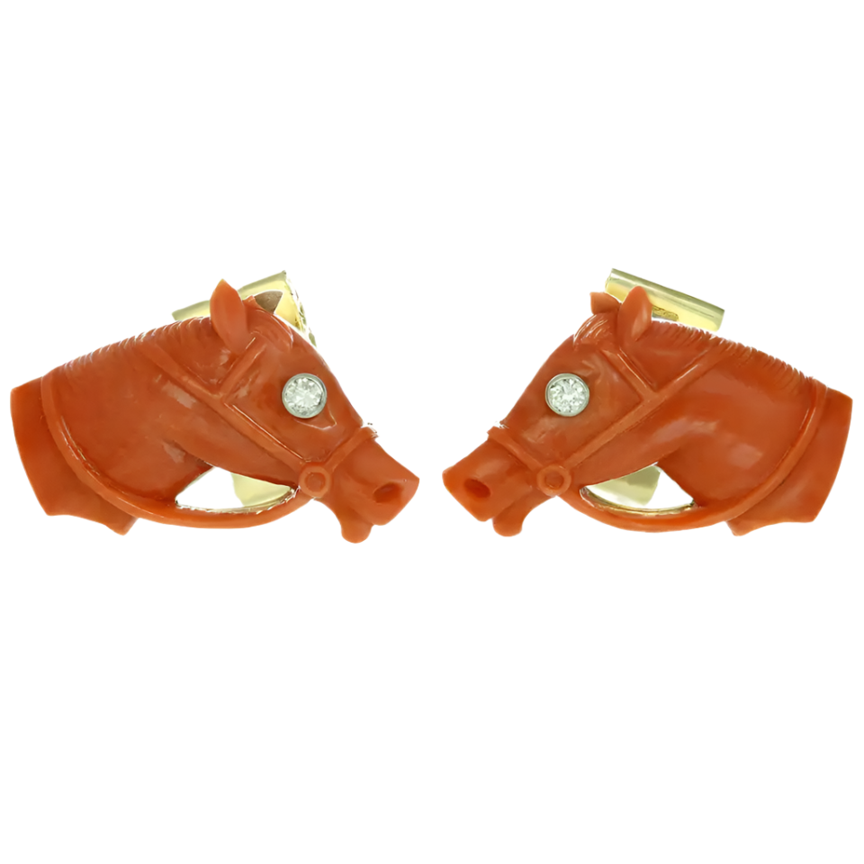 Red Coral Diamond 18k Solid Yellow Gold Horse Cufflinks
