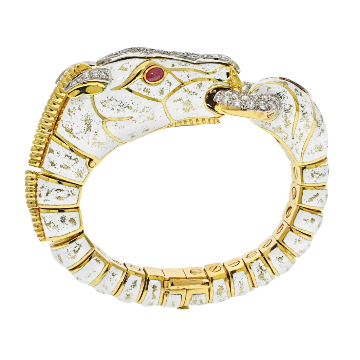 Platinum and 18k Solid Yellow Gold Dappled White Enamel Diamond Horse Bracelet