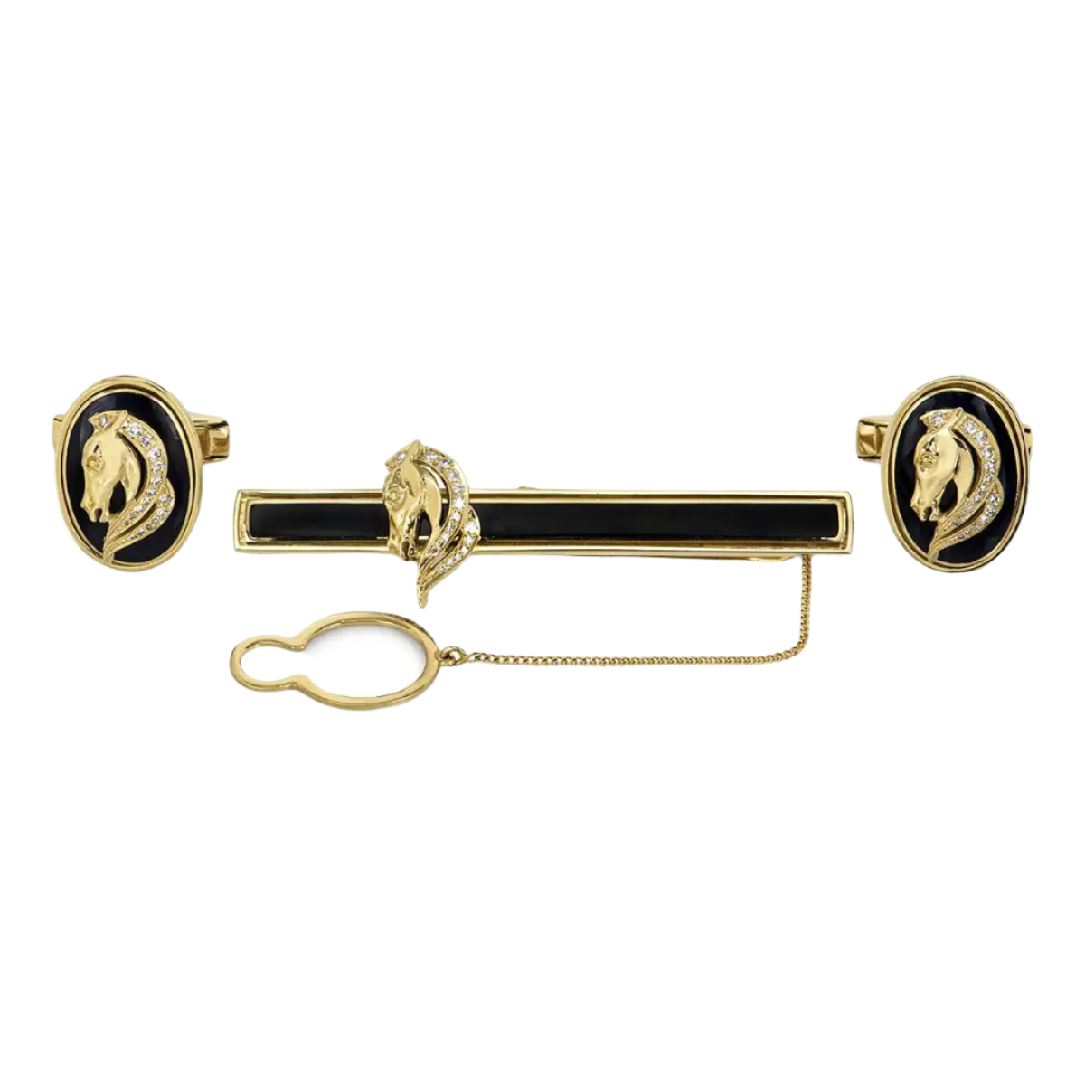 Gold and Diamond Horse Tie Slide and Cufflink Set in 18k Solid Yellow Gold.