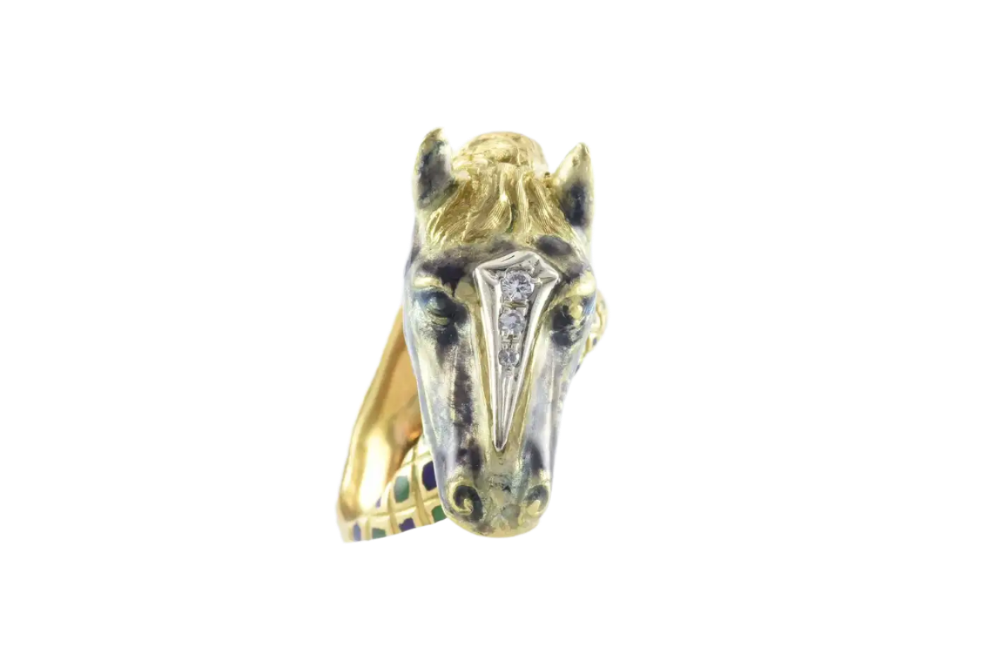 18k Solid Yellow Gold Estate Diamond and Enamel Horse Head Ring