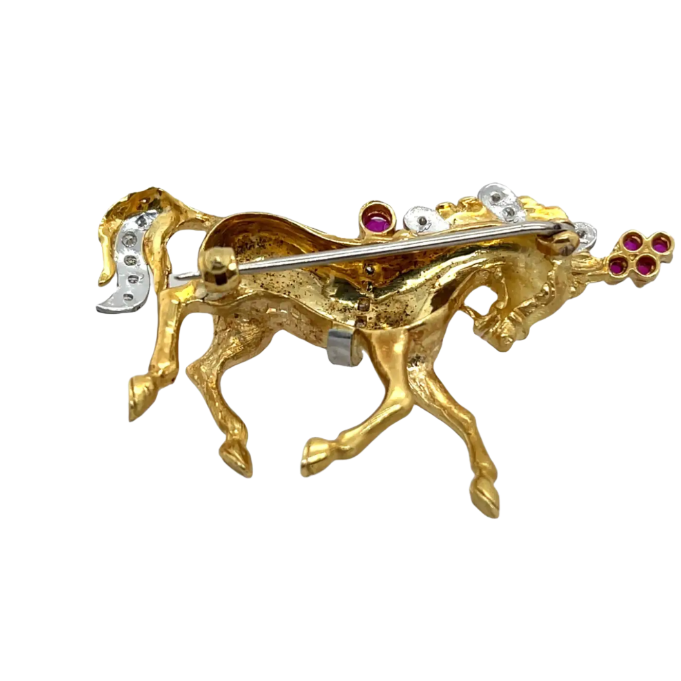 1969 Ben Rosenfeld Horse Brooch in 18k Yellow Gold, Diamond and Ruby
