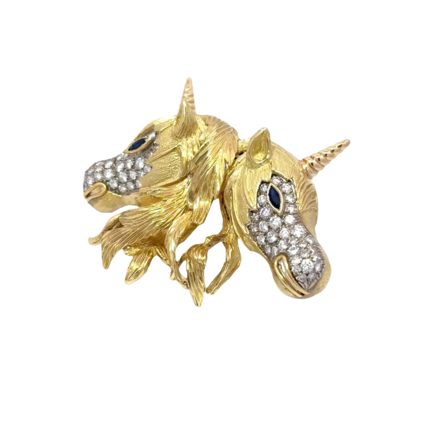 18k Solid Yellow Gold Diamond and Sapphire Double-Unicorn Pin Brooch