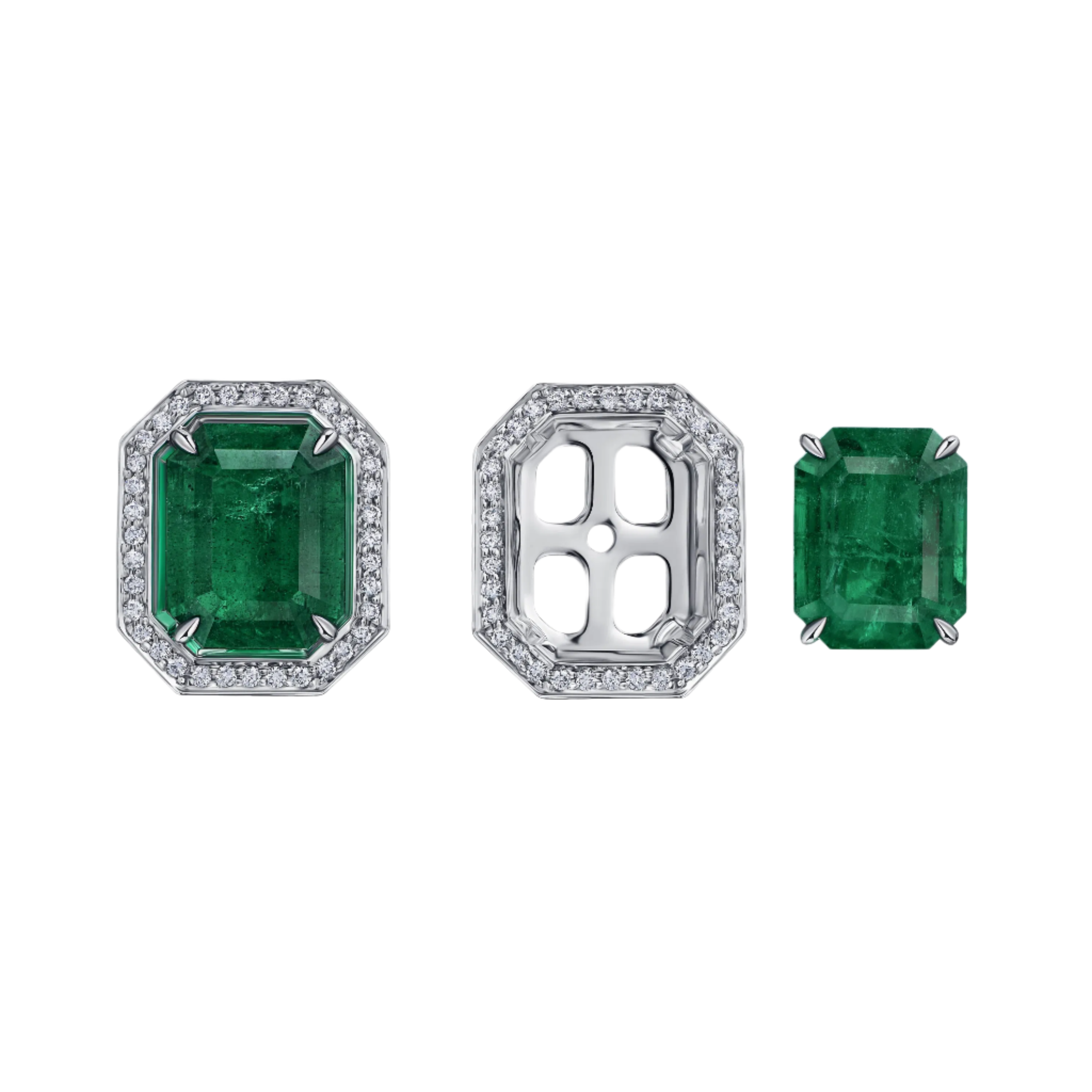 18k Solid White Gold Colombian Emerald and Diamond Transformer Studs 5.55 CTW