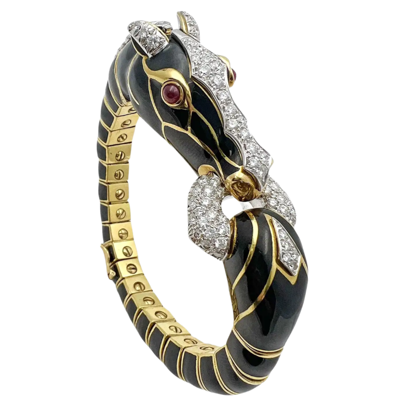 David Webb 18k Gold Platinum Black Enamel Diamond Horse Bracelet