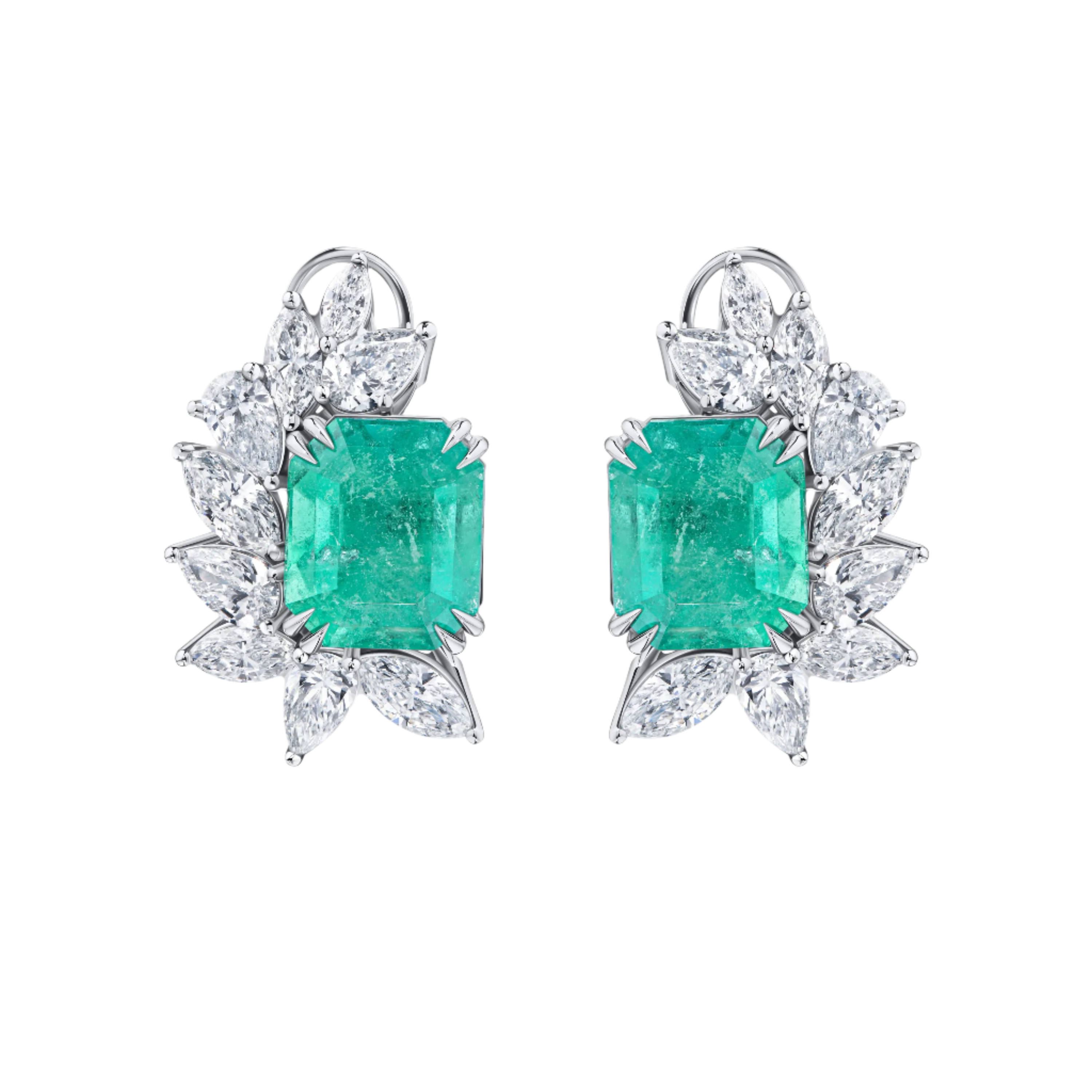 18k Solid White Gold Zambian Emerald and Diamond Decorate Cocktail Earrings 6.20 CTW