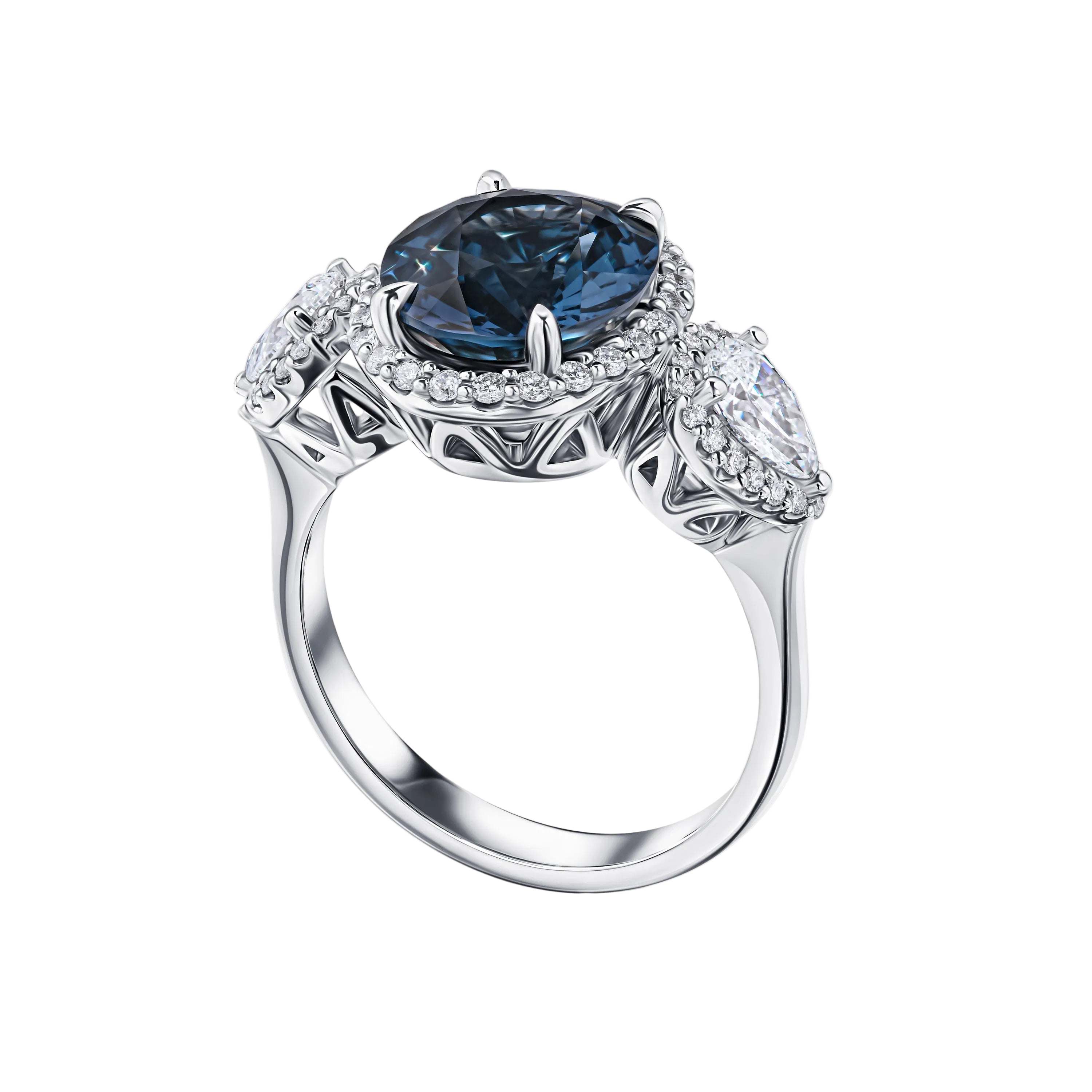 18k Solid White Gold Royal Blue Sapphire and Diamond Elegant Cocktail Ring 4.10 CTW