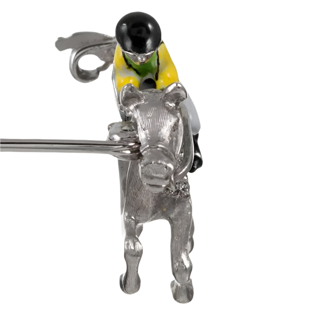 Enamel and Diamond Jockey Lapel Pin in 18k Solid White Gold