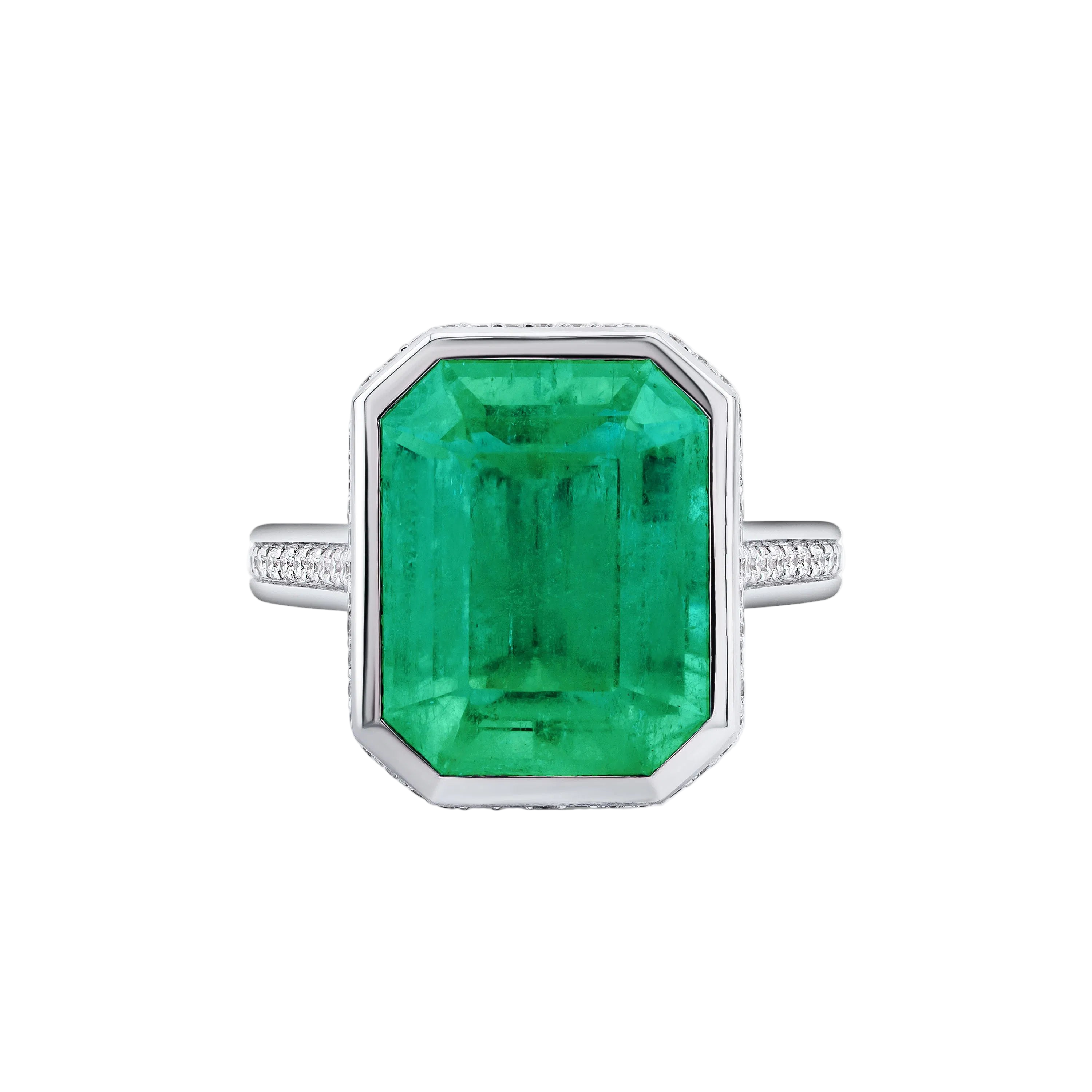 18k Solid White Gold Bezel Set Zambian Emerald and Diamond Cocktail Ring 11.55 CTW