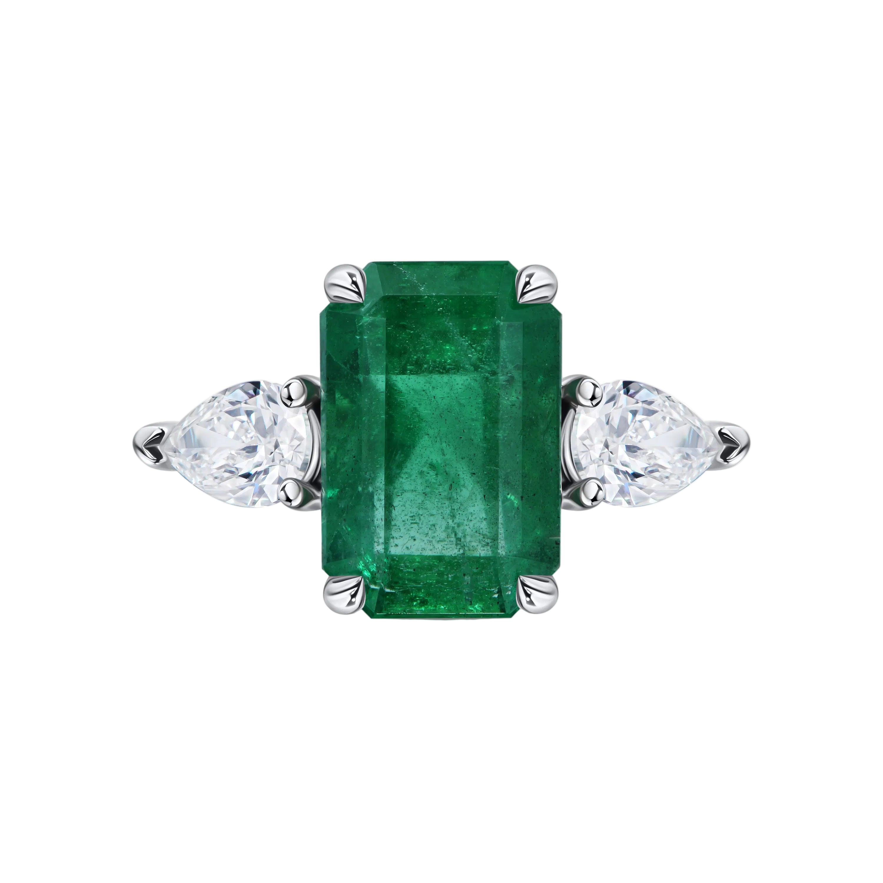 18k Solid White Gold Zambian Emerald and Diamond Estate Trilogy Ring 4.80 CTW