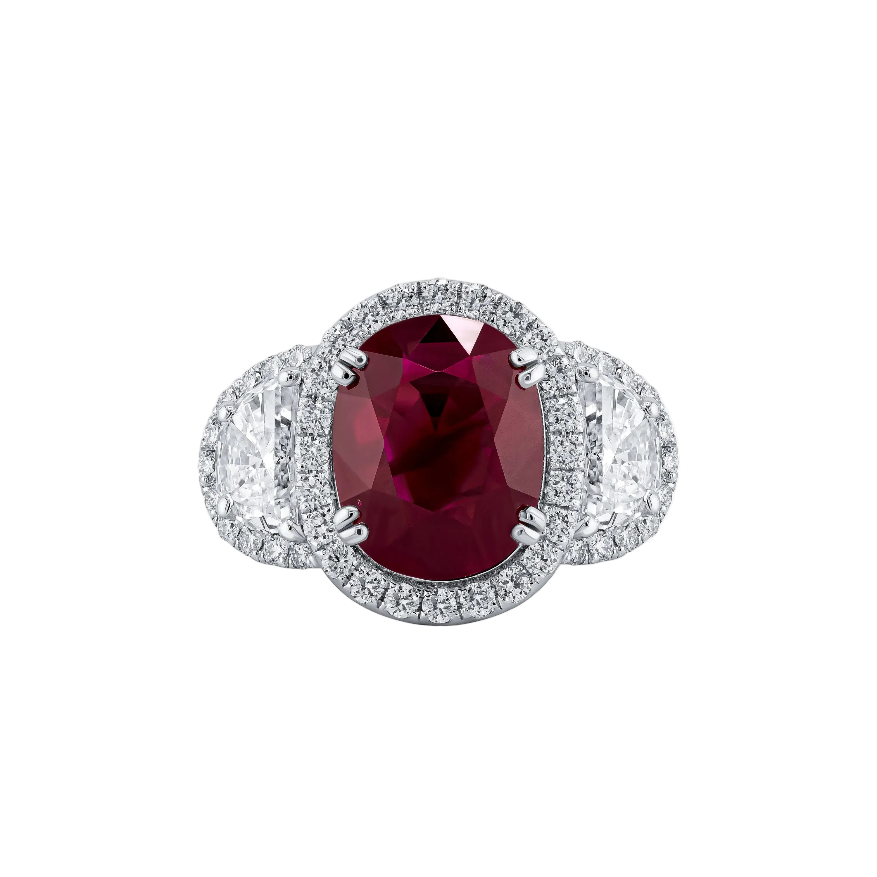 18k Solid White Gold Pigeon Blood Ruby and Diamond Trilogy Cocktail Ring 7.98 CTW