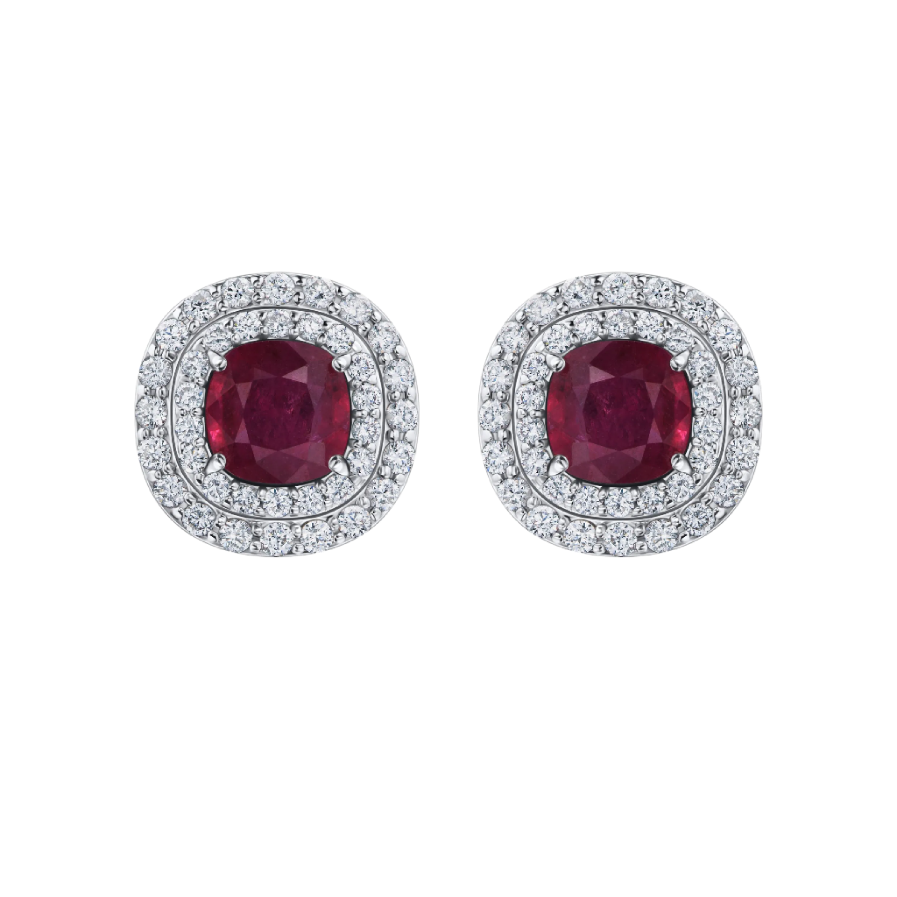 18k Solid White Gold Red Ruby and Diamond Stud Earrings 4.30 CTW