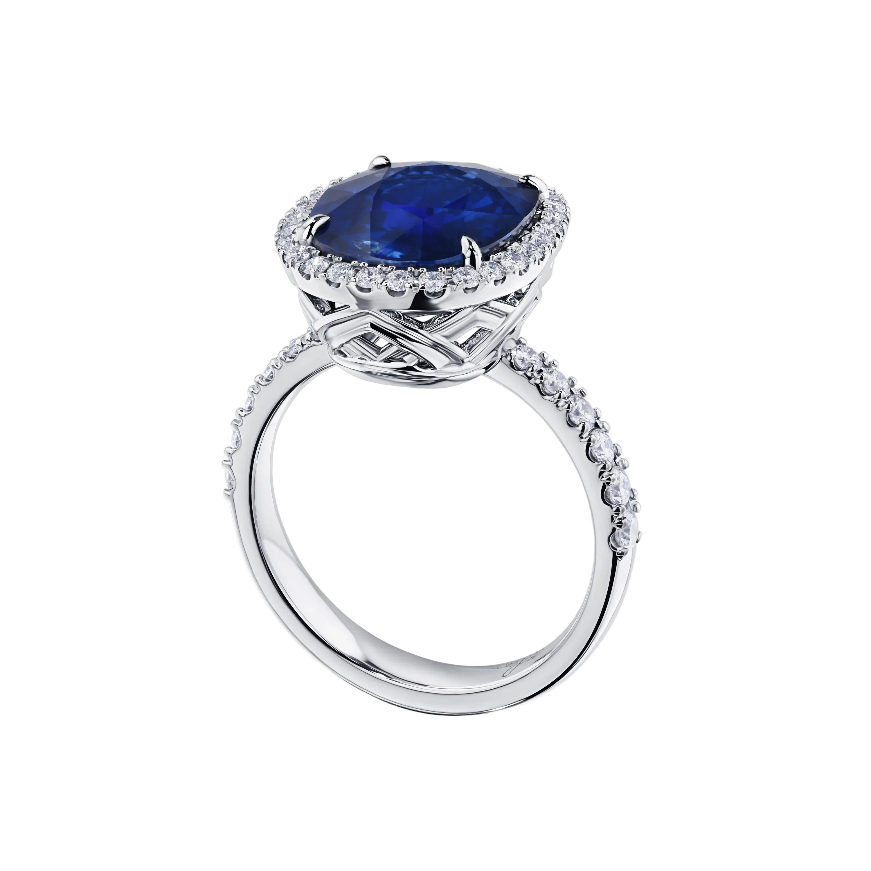 18k Solid White Gold Royal Blue Sapphire and Diamond Halo Cocktail Ring 5.11 CTW