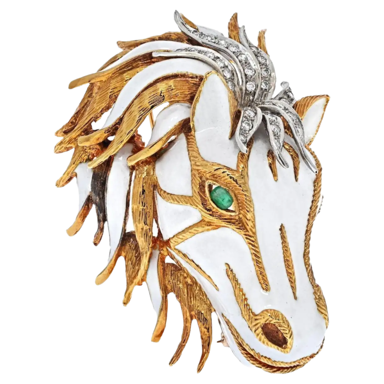 Platinum and 18K Solid Yellow Gold White Enamel Diamond Horse Brooch