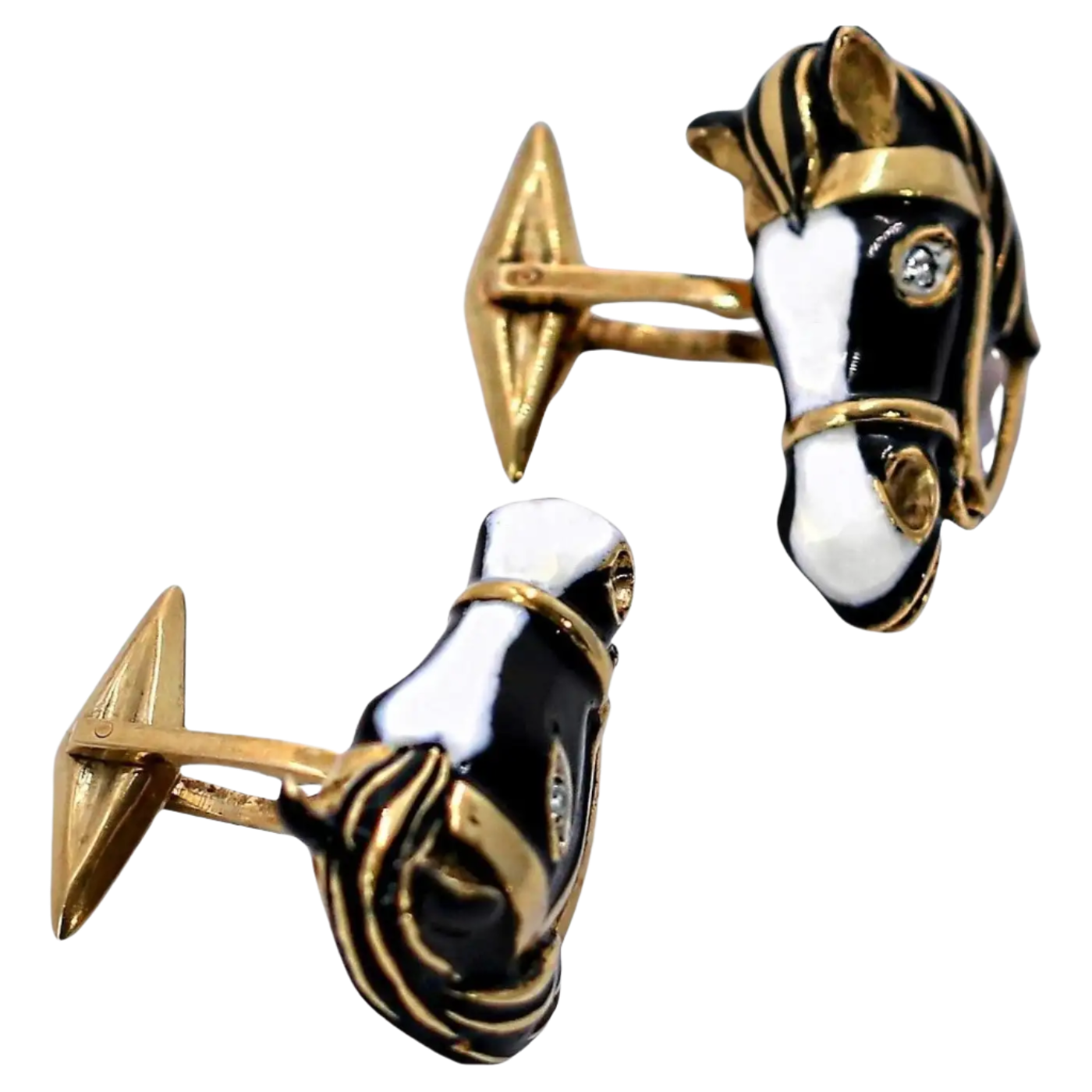 18K Solid Yellow Gold Enamel Horse Head Cufflinks with Diamond Eyes