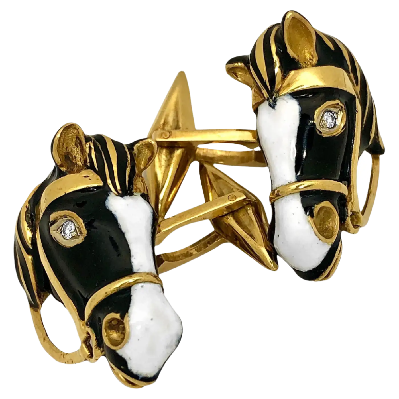 18K Solid Yellow Gold Enamel Horse Head Cufflinks with Diamond Eyes