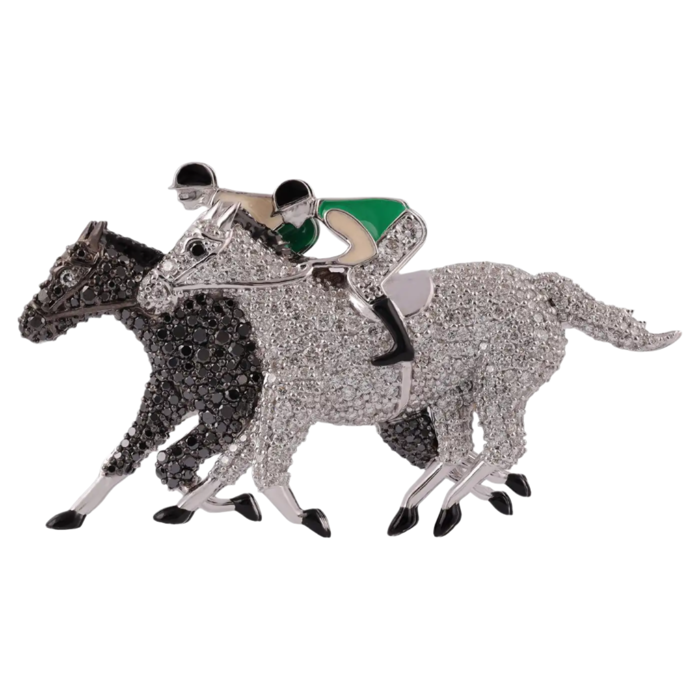 Large Diamond Enamel Polo Race Horse Jockey Brooch in 18k Solid Gold
