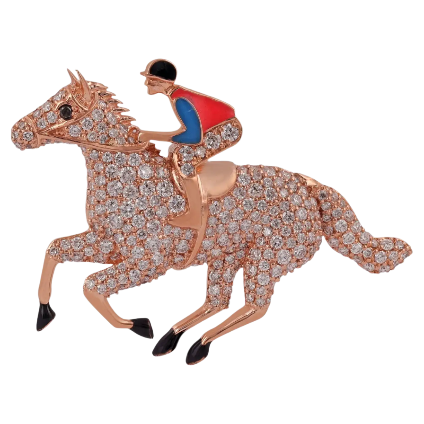 Large Diamond Enamel Polo Race Horse Jockey Brooch in 18k Solid Rose Gold