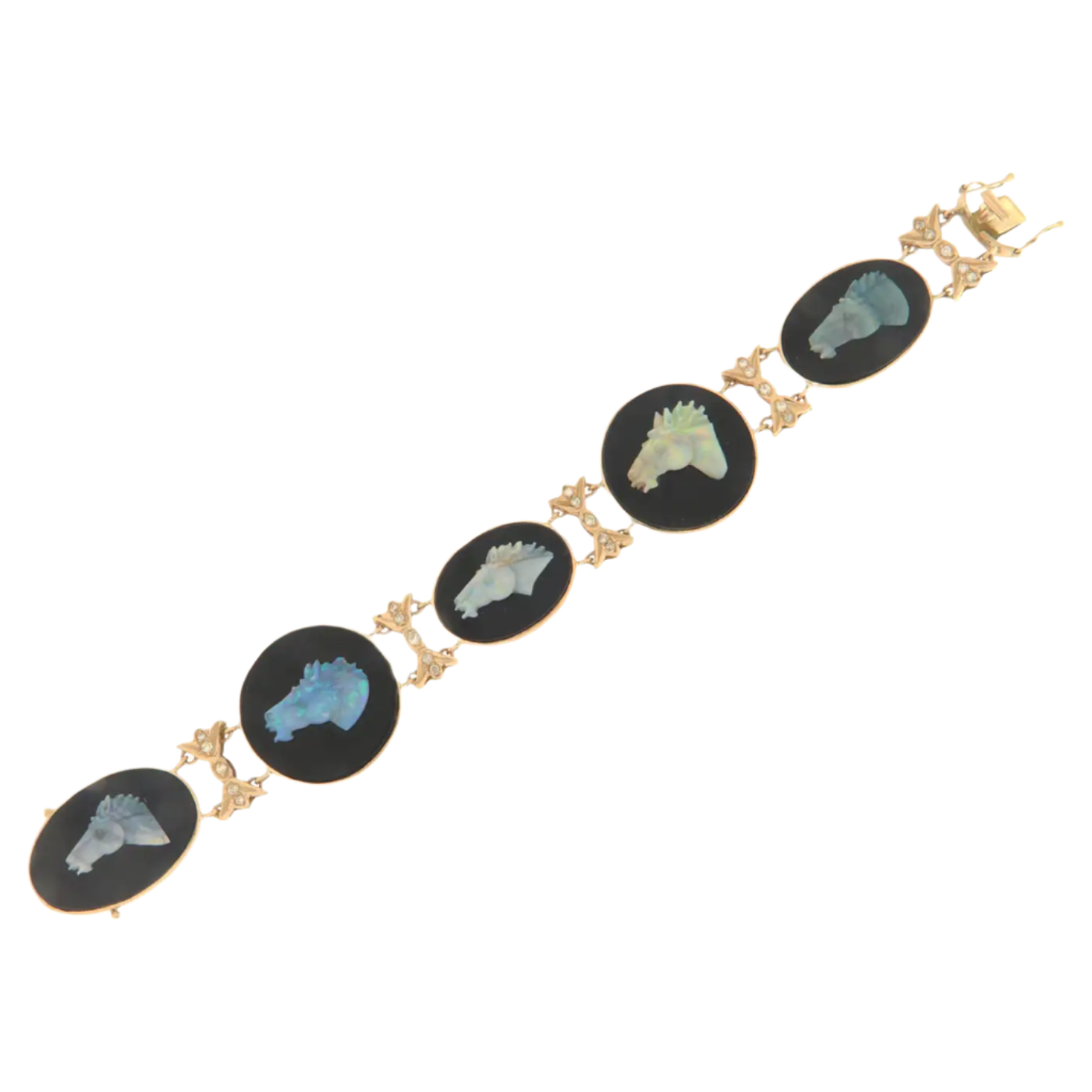 Opal Horses 18k Yellow Gold, Onyx and Diamond Cuff Bracelet