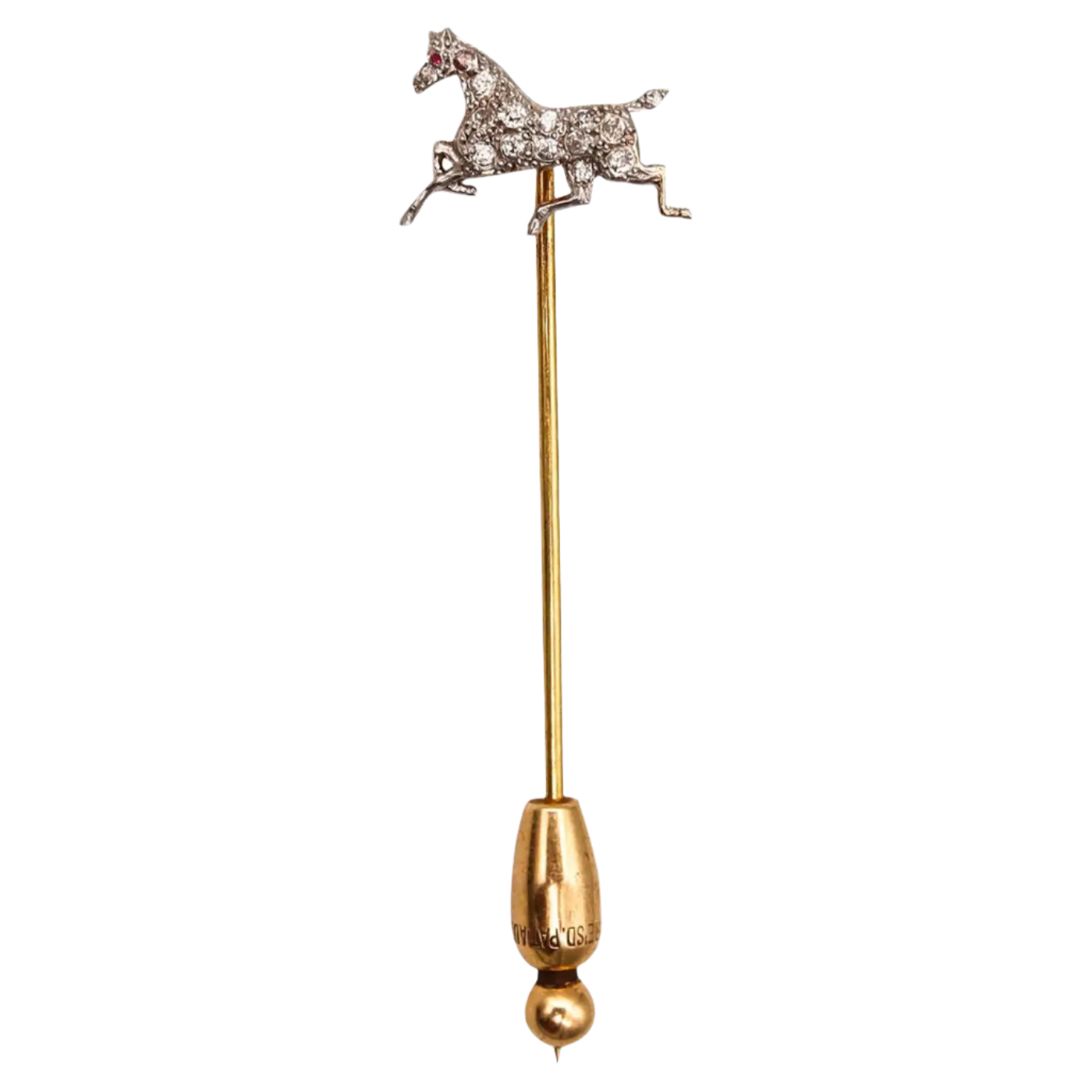 Edwardian 1909 Horse Stick Pin In 18k Gold And Platinum With Rose Cut Diamonds